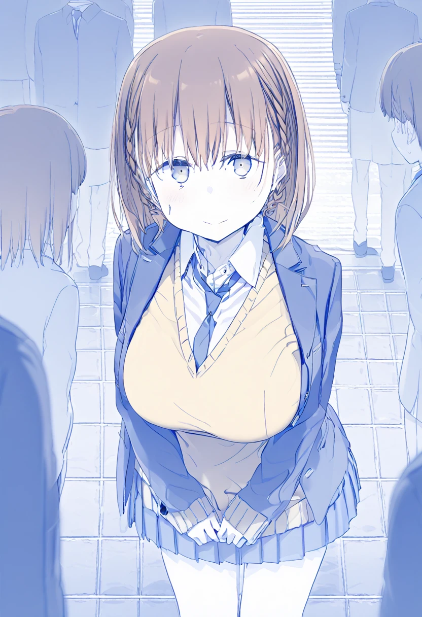 monochrome,blue theme,breasts, Long shot,ground shot, ground shot,glowing skin, high quality, masterpiece,17 old cute girl,aichan, brown hair, cyan eyes, braid,blue blazer, yellow sweater vest, blue necktie, blue skirt, pleated skirt,white shirt, collared shirt, blue necktie, pleated skirt, blue skirt, not wearing underwear, (very beautiful face,wink,blushing face),young,break,(sexy pose:1.3),top-down bottom-up, lift up the skirt,break,shopping street in the daytime,(surrounded by a crowd, (surprised and noticed by many people))