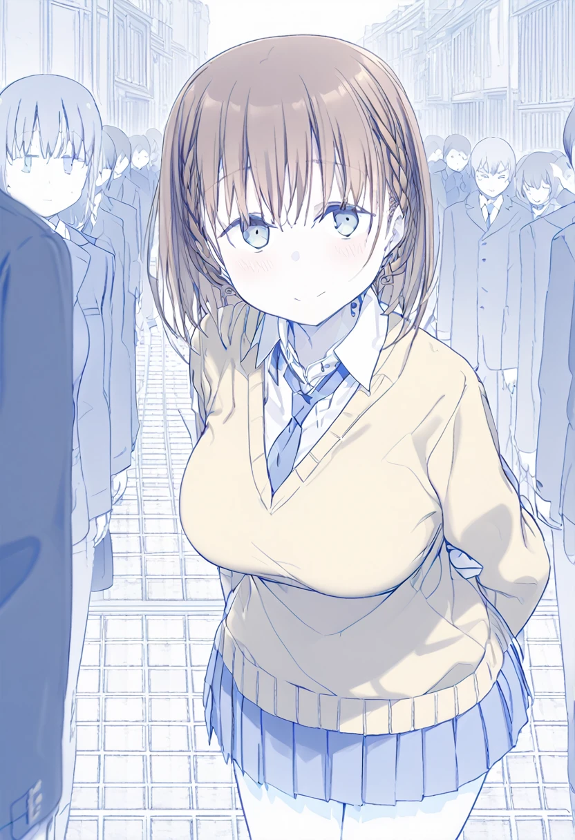 monochrome,blue theme,breasts, Long shot,ground shot, ground shot,glowing skin, high quality, masterpiece,17 old cute girl,aichan, brown hair, cyan eyes, braid,blue blazer, yellow sweater vest, blue necktie, blue skirt, pleated skirt,white shirt, collared shirt, blue necktie, pleated skirt, blue skirt, not wearing underwear, (very beautiful face,wink,blushing face),young,break,(sexy pose:1.3),top-down bottom-up, lift up the skirt,break,shopping street in the daytime,(surrounded by a crowd, (surprised and noticed by many people))