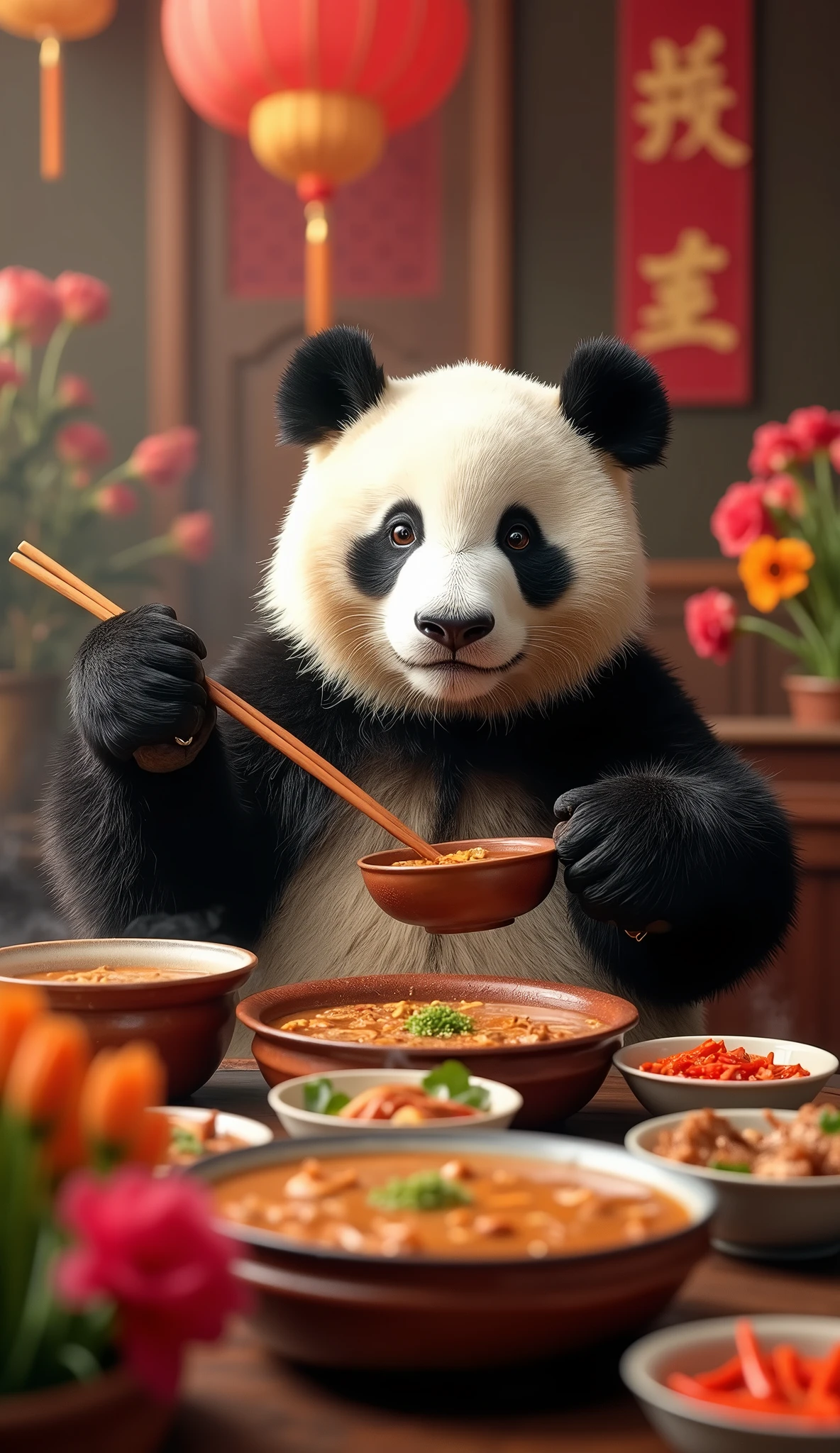 一只reality的大熊猫,Cute face,Giant panda flowers,Eating Sichuan hot pot with chili peppers at a hot pot restaurant,Chinese style,photography,reality,high quality,reality感,Realistic style,Fine details,Holding chopsticks,