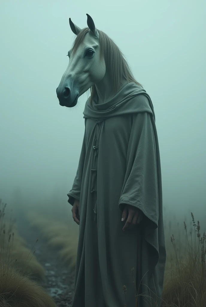 Create a surreal and psychologically unsettling creature that instills fear not because it is terrifying, but due to its uncanny appearance. The creature has the body of a human, draped in a tattered, worn-out robe that adds to its eerie presence, but with the head of a horse. The horse head should be unnervingly realistic, with detailed features like glossy fur, large expressive eyes, and a powerful jaw. The human body, partially obscured by the robe, should be slightly distorted in a way that feels unnatural, adding to the discomfort. The setting is an eerie, fog-covered field where the creature stands still, its presence evoking an eerie sense of dread and unease, as if it doesn't belong in the world.