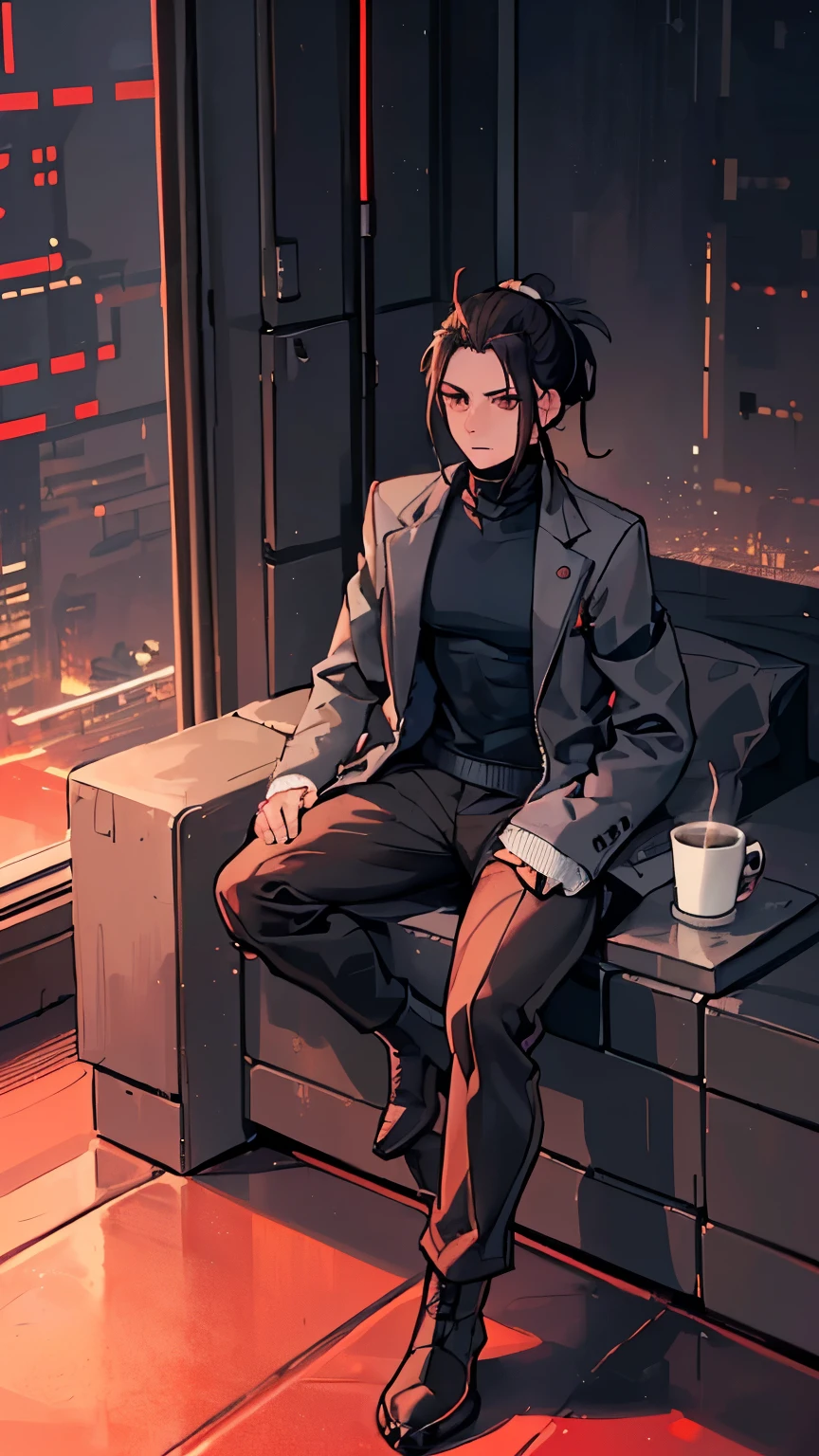 (detailed), (((normal guy))), (Arabic characteristics), ((gray wool jacket)), ((pelo negro rizado Ponytail hairstyle)), ((Ponytail hairstyle)), (calm face), ((by the width)), ((coffee boots)), (((whole body))), ((in a cyberpunk room)), ((male)), (gray turtleneck sweater), ((only one person)), (at night), terror, ((Brown eyes)), In the dark