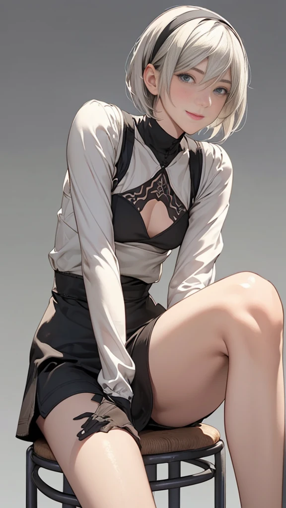 (from below),{erotic face,looking away,enchanting smile}, BREAK,{solo, (2B of Nier Automa:1.4)), (skinny body,thin thighs:1.2,small breasts),(lightbrown_lightwhite colored hair:1.4, short cut hair,hide left eye with bangs:1.2), (small mouth:1.2),(narrow and sharp eyes:1.4,blue-glay eyes,sparkling eyes:1.1),(black hairband:1.4),BREAK,{(Sit on a metal bar stool with a high seat:1.4),(plain background:1.4),(cast a shadow on the background:1.4)},{(masterpiece,best quality, 8K UHD, extremely detailed CG, detailed beautiful face and eyes and skin and hair)},