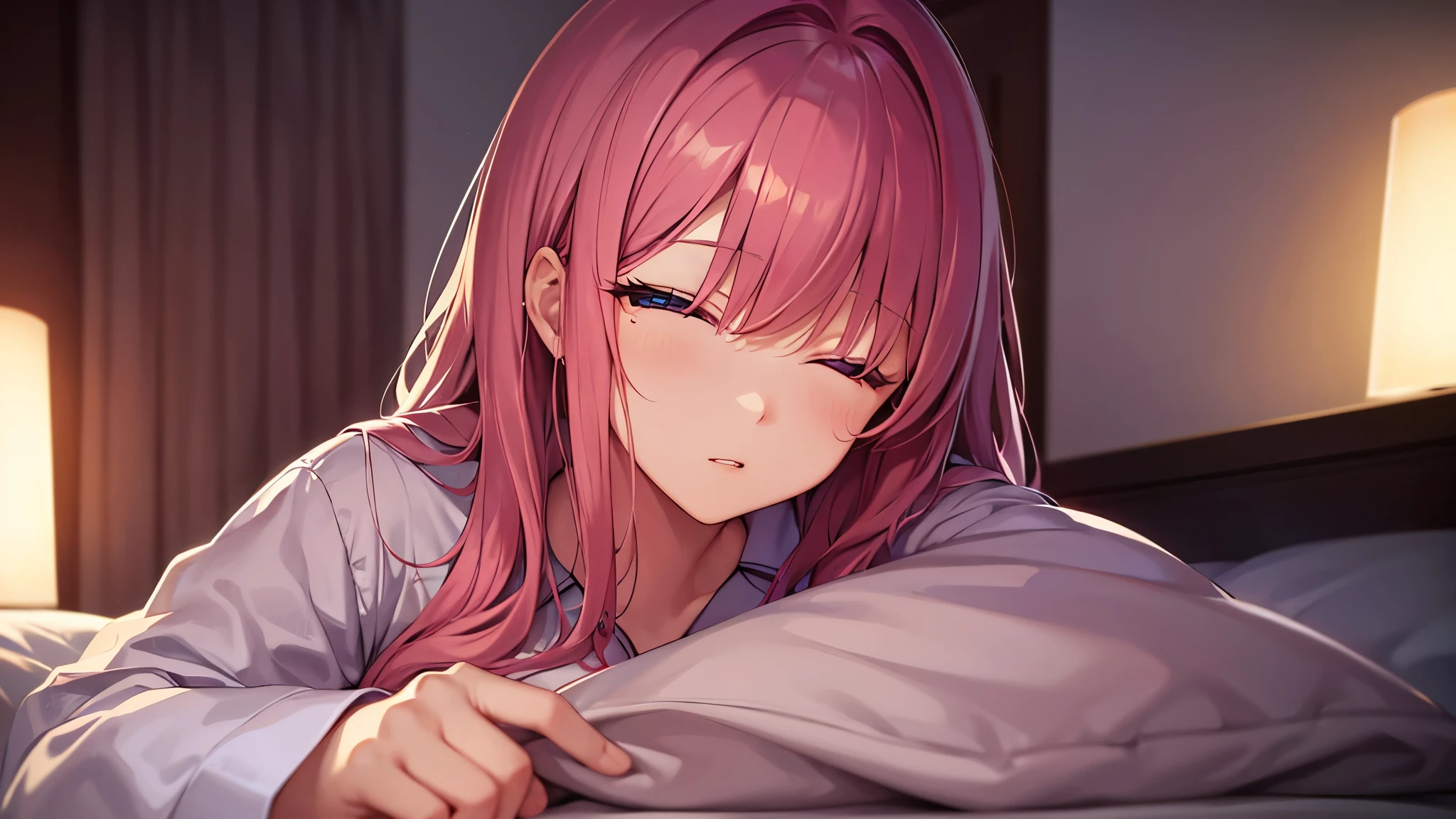 Writhing、Pink Hair Woman, On the bed、Hugging a pillow、Agony alone々and