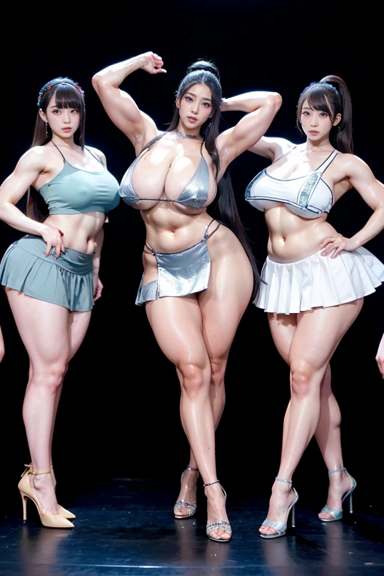 Ultra-high resolution, Realistic, Very detailed, Golden Ratio, Highest quality, Four people are standing full-body shot, (promotional photoshoot), (Are standing), Four people stand on the stage in high heels, (Four Beautiful female with same Exemplary Figures), Beautiful Face, (Realisticな face), (biondeのショートカット:1.3), Korean bionde, bionde, long straight ponytail brown hair, hair band, Glare, Frowning, Drooling, Long Tongue, Verbal invitation, compensate, Frowning, Frowning, Surrealism, First Person View, First Person View, Wide-angle, Ultra-high resolution, Anatomically correct, Super detailed, 16K, (Four beautiful female standing side by side) (wide thighs), (Very sexy long legs),(body builder girl), (wide muscles), ((sexy abdominal muscles)), (huge breasts),(very voluptuous body),(short grey skirt),(strapless dress),(sexy dancing poses)