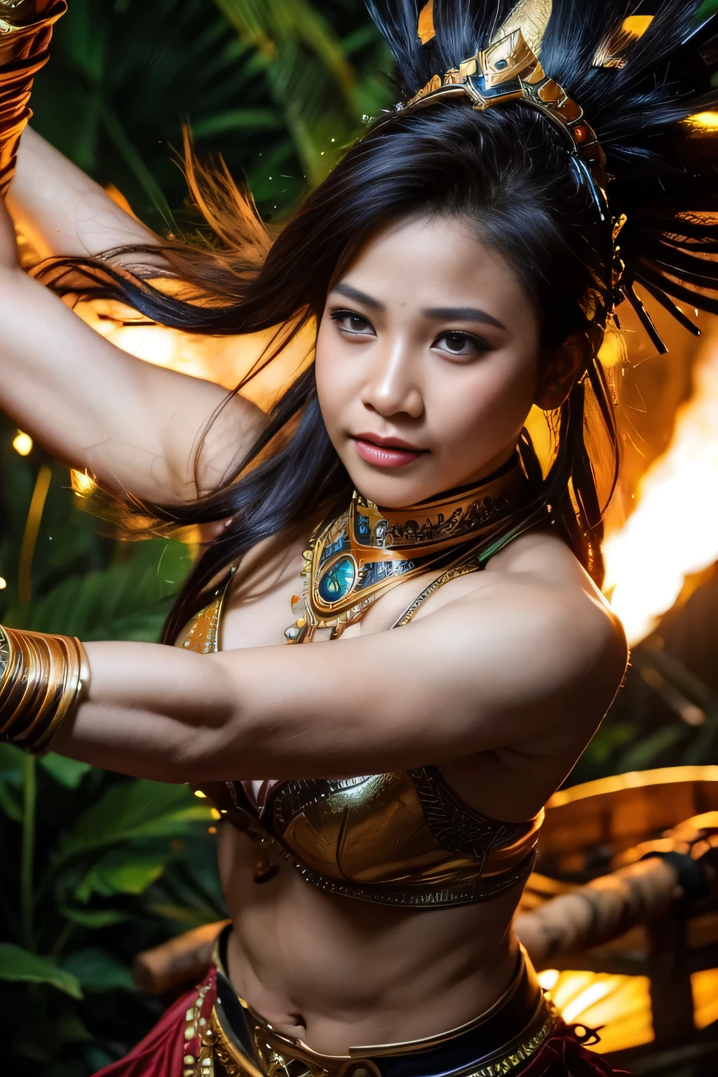 (best quality,4k,8k,highres,masterpiece:1.2),ultra-detailed,realistic,beautiful Indonesian woman warrior,expressive eyes,painted face,detailed warrior attire,intricate headdress,golden jewelry,dazzling sword,speaking power and strength,ancient traditions and culture,passionate and fearless fighter,commanding presence in the battlefield,mythical and mystical elements,rich colors of the Indonesian landscape,dramatic lighting,traditional Indonesian motifs,traditional weapons and armor,tribal markings on the body,graceful movements,warrior surrounded by lush tropical forest and exotic animals,embodying the spirit of the Indonesian warrior legends