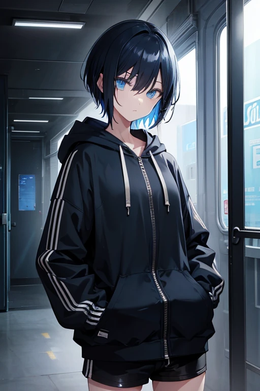 Blue hoodie、short hair、Zip-up、cool、Put your hands in your pockets、The right eye is pitch black.、Left eye glows blue、Put on the hood、Glare、Black Hair、The final corridor、Black shorts、