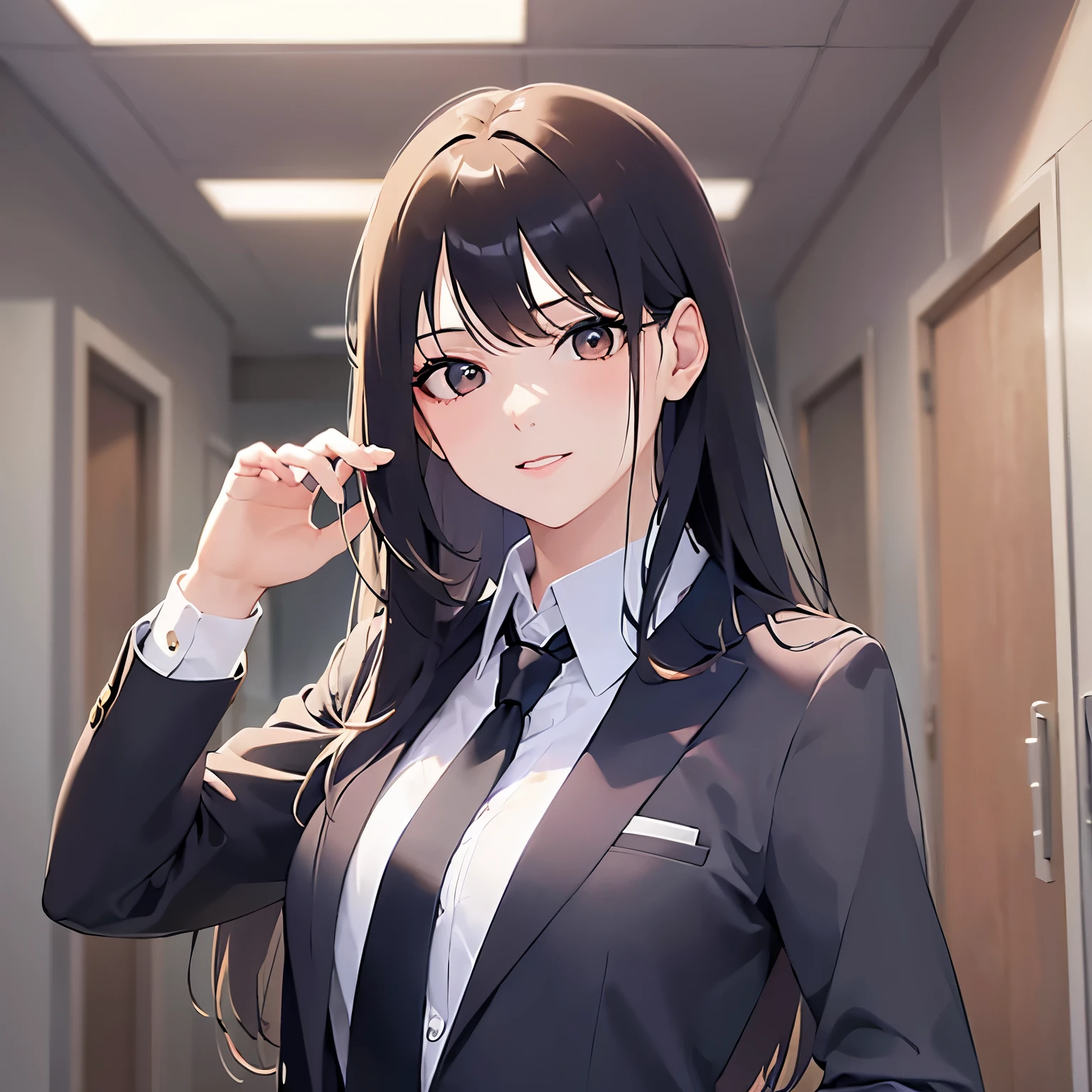 (looking at viewer:1.5)、Upper Body, (hand on own head:1.5)、
Realistic, real person, (pale skin: 1.2), RAW photo, photorealistic, shiny skin, shiny hair、(A 25-year-old woman with medium-length hair and bangs) and (wavy hair) and (brown hair) and (orange eyes) ,
(Wearing a business suit:1.5) and (Wearing a white collared shirt)、
smile, The background is an office hallway、Alone、Are standing、