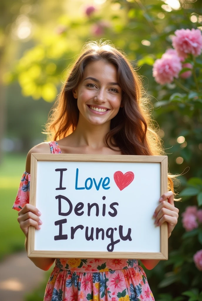 Beautiful Caucasian chubby 25 year old girl with wavy long hair, floral dress , holding a white board with text "I Love Denis irungu" and showing it to the viewer
