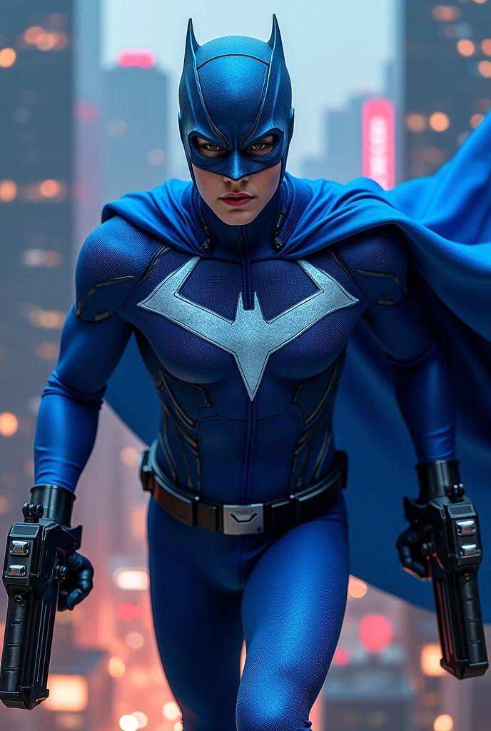 Create a superhero character with blue suit with mouth covered and has cape and guns