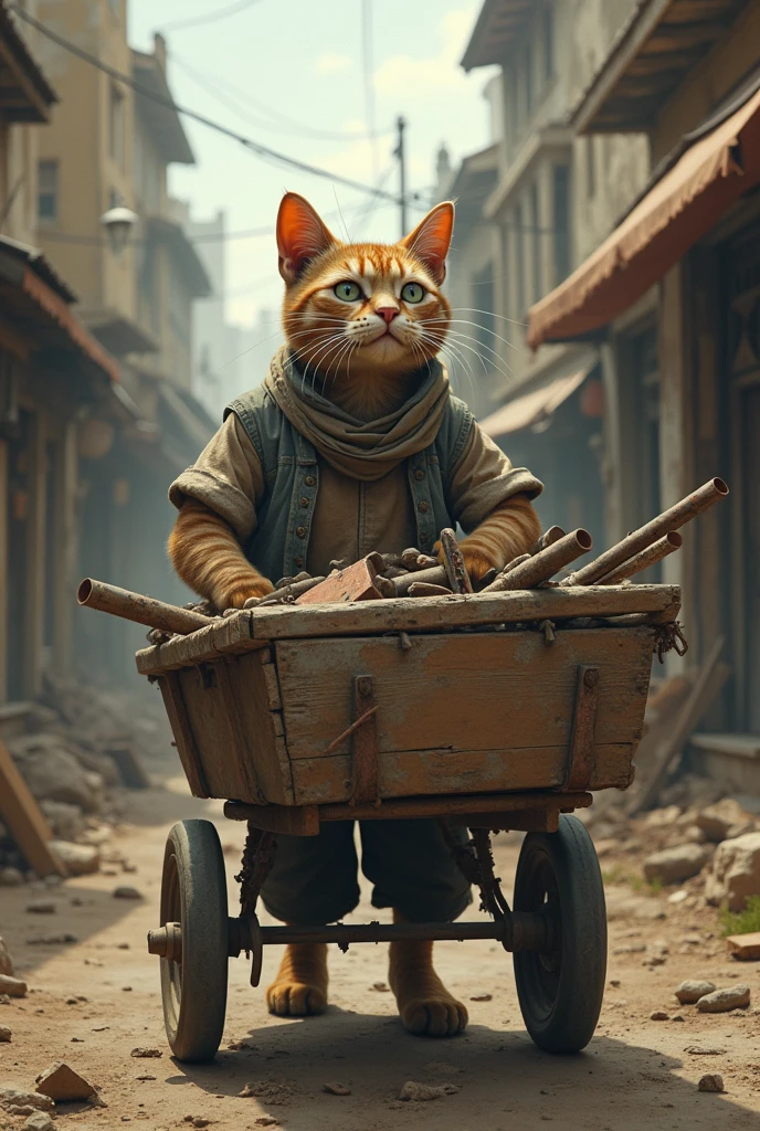 Here’s a detailed prompt for your image:

**"A realistic, full-body scene set in a bustling city environment. In the foreground, an anthropomorphic cat is wearing dirty, worn-out clothes, showing signs of poverty and hardship. The cat is working hard, pulling a heavy cart that is under construction, filled with tools and materials. The cart is old and rickety, with mismatched wheels and parts. Despite the tough circumstances, the cat's face reflects determination and perseverance as it continues its labor. The cat's eyes occasionally glance at a distance, where a memory or thought of its sweetheart lingers, showing a moment of vulnerability. The background features a gritty urban landscape, with weathered buildings, busy streets, and a sense of daily struggle. The image should be ultra-detailed, capturing every aspect of the cat's fur, the texture of the dirty clothing, the worn condition of the cart, and the intricate details of the cityscape, all rendered in 4K resolution."**

