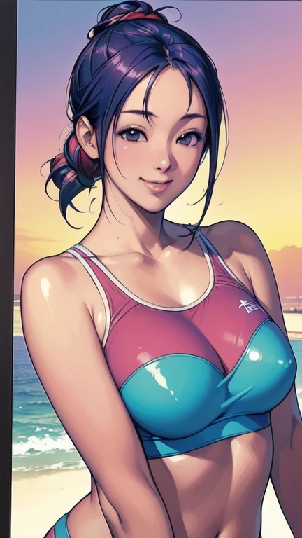 ((masterpiece, Highest quality, Highest quality, Official Art, beautifully、beautiful:1.2)),((masterpiece)),((Vibrant colors)),((Ayako Katagiri)),((幸せそうなsmile)),((smile)),((looks fun)),(((Plain sports bra))),(Seaside),(Big Breasts),(((Side bust))),(sunset),(Skin exposed),(Cool),(Track and field athlete)