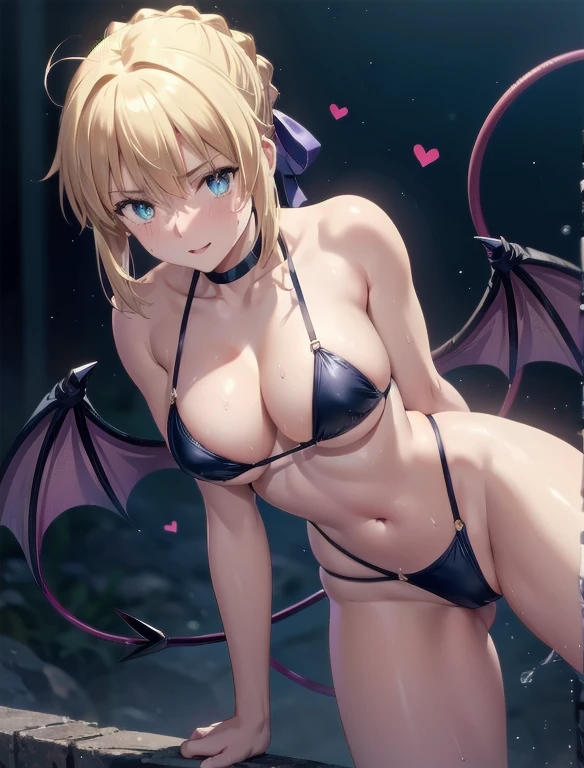  masterpiece, beautiful detail, beautiful light and shadow,Beautiful Anime Woman, Beautiful art style, Anime characters,1girl, ((((solo)))),saber,blonde hair, french  braid,short hair, hair ribbon,Sexy Hard Body, cleavage,dynamic pose,looking at another, sweat,smile,shy,((close-up)),((slingshot swimsuit)), parted lips, black choker, standing ,spread legs, bare arms, blush, heart-shaped pupils,underboob,navel, ((demon wings,demon girl)), Halloween 