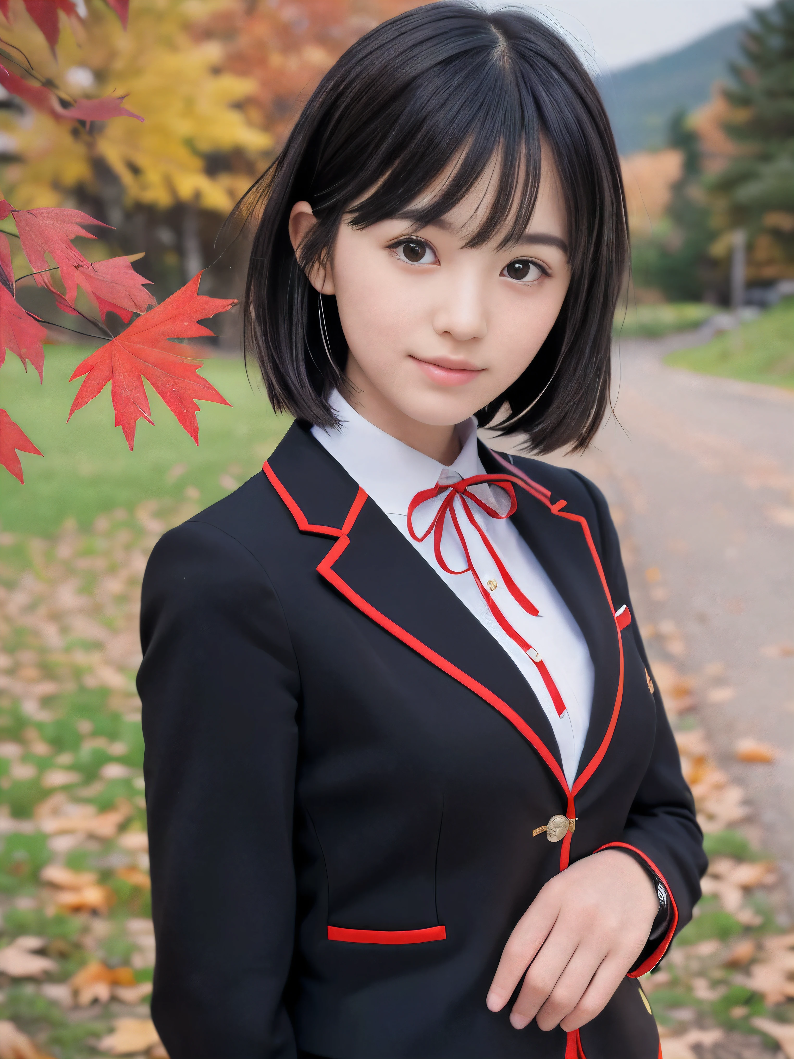 (Close up face shot of one slender small breasts two side up black medium hair bangs girl with little smile in a black blazer uniform with a red trimmed collar and black skirt:1.5)、(One girl is turn around and wearing a uniform with a black blazer and a skirt with a red edging collar:1.5)、(Beautiful red leaves and autumn mountain:1.5)、(Soft filter:1.5)、(8k ultra detailed master piece:1.5)、(perfect anatomy:1.5)、(Photorealistic stick:1.5)、(Raw photo:1.3)、(highest quality:1.5)、(High resolution:1.3)、(Delicate and beautiful perfect face:1.3)、(Delicate and beautiful eye air skin:1.3)、(Real Human Skin:1.3)、((thin legs))