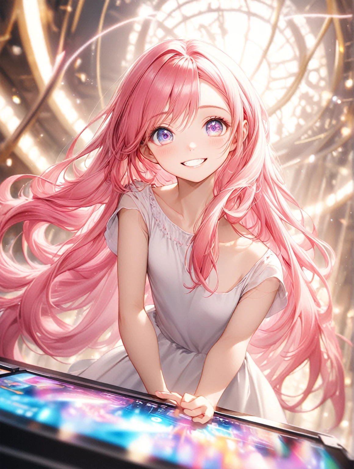 (highest quality,8k,32K,masterpiece,ultra-high resolution:1.2),one girl,20 years old,fair skin,cute,innocent smile,pink long hair,clear shining eyes,natural light,electronic fantasy background,grin