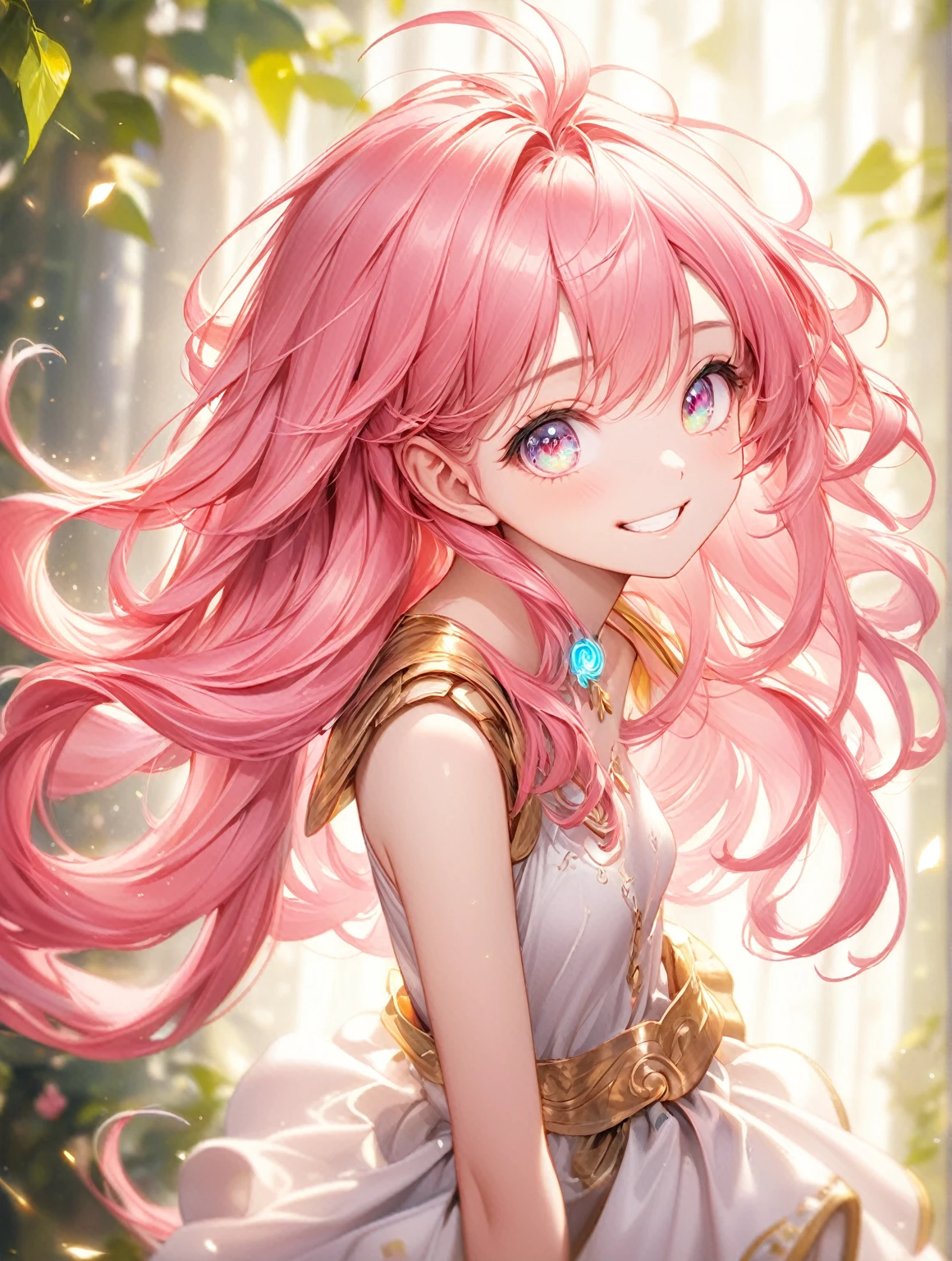 (highest quality,8k,32K,masterpiece,ultra-high resolution:1.2),one girl,20 years old,fair skin,cute,innocent smile,pink long hair,clear shining eyes,natural light,electronic fantasy background,grin