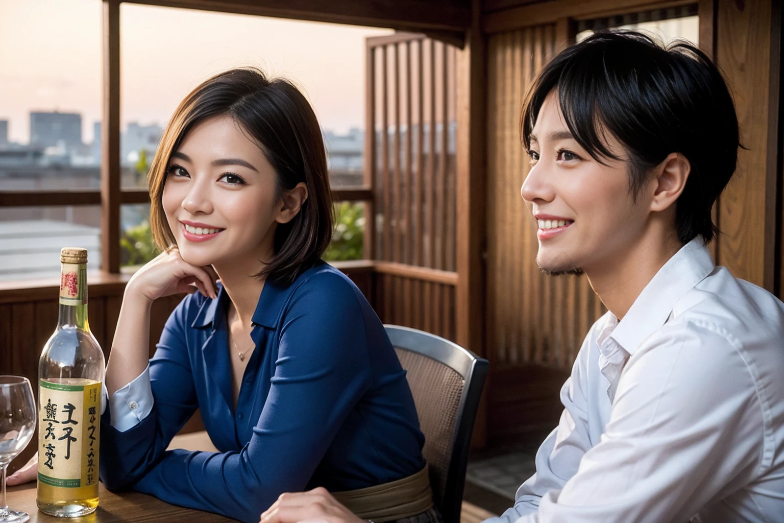 ((Highest quality、8k、masterpiece:1.3))、Izakaya、Japanese sake、Slim couple、Model Couple、(Realistic, Intricate details:1.2), Japanese sake、1 liter bottle、Japanese food、Soba、Japanese sake、Shochu 、Amazing view of the sunset sky and clouds、Bright smile、The beauty of a smile、Bright image、Beautiful Face, blue eyes, The light shines on your face, blush, short hair,Bright Face、 (Age 37), 39 years old, Brown Hair、Shortcuts、Long sleeve shirt、dress、Beautiful woman