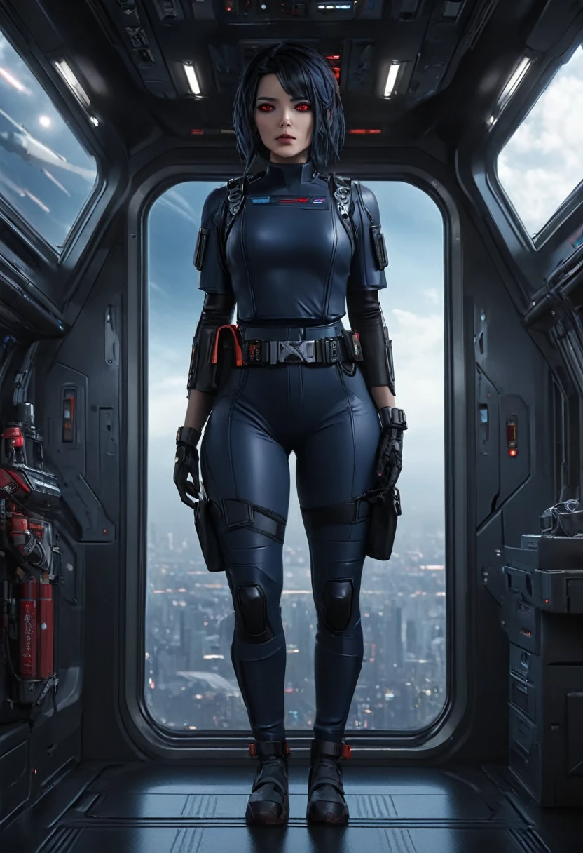 A female Chiss with dark blue skin, black hair, and red eyes, wearing a black jumpsuit, tool belt, in a full body pose, standing next to a window in the hallway of a spaceship, (best quality,4k,8k,highres,masterpiece:1.2),ultra-detailed,(realistic,photorealistic,photo-realistic:1.37),detailed cyberpunk character, hyper realistic, highly detailed face, intricate details, dramatic lighting, sci-fi, cinematic, moody atmosphere, cinematic lighting, dramatic lighting, vibrant colors, depth of field