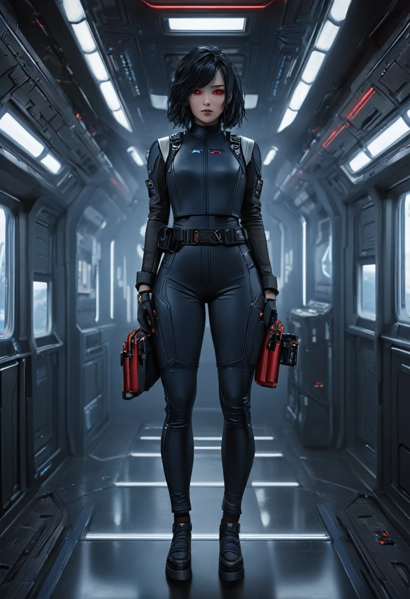 A female Chiss with dark blue skin, black hair, and red eyes, wearing a black jumpsuit, tool belt, in a full body pose, standing next to a window in the hallway of a spaceship, (best quality,4k,8k,highres,masterpiece:1.2),ultra-detailed,(realistic,photorealistic,photo-realistic:1.37),detailed cyberpunk character, hyper realistic, highly detailed face, intricate details, dramatic lighting, sci-fi, cinematic, moody atmosphere, cinematic lighting, dramatic lighting, vibrant colors, depth of field