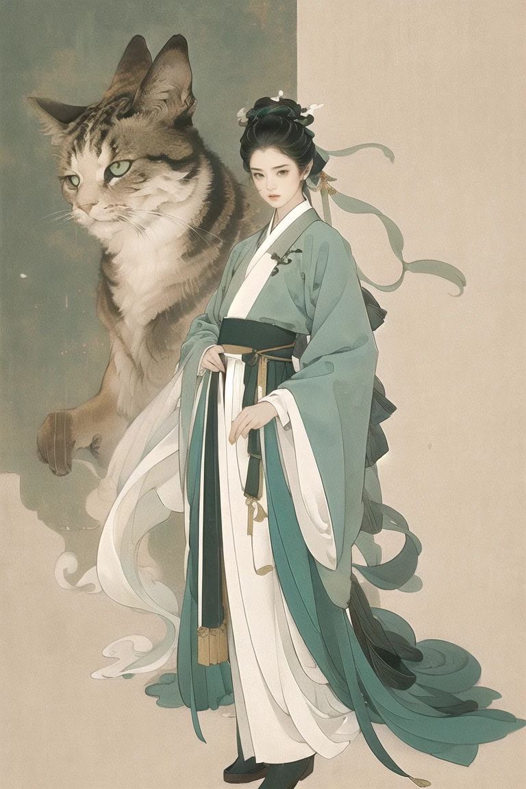 green hanfu, full body, standing straight, and facing the screen,
