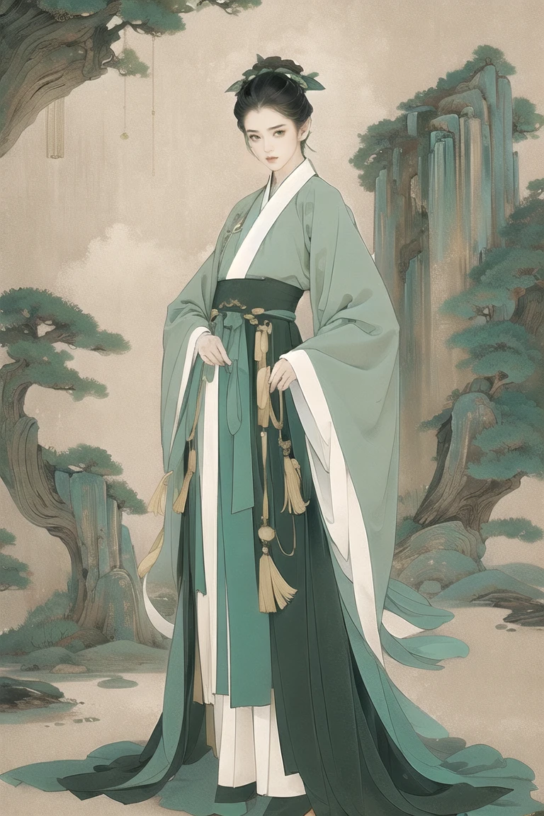 green hanfu, full body, standing straight, and facing the screen,