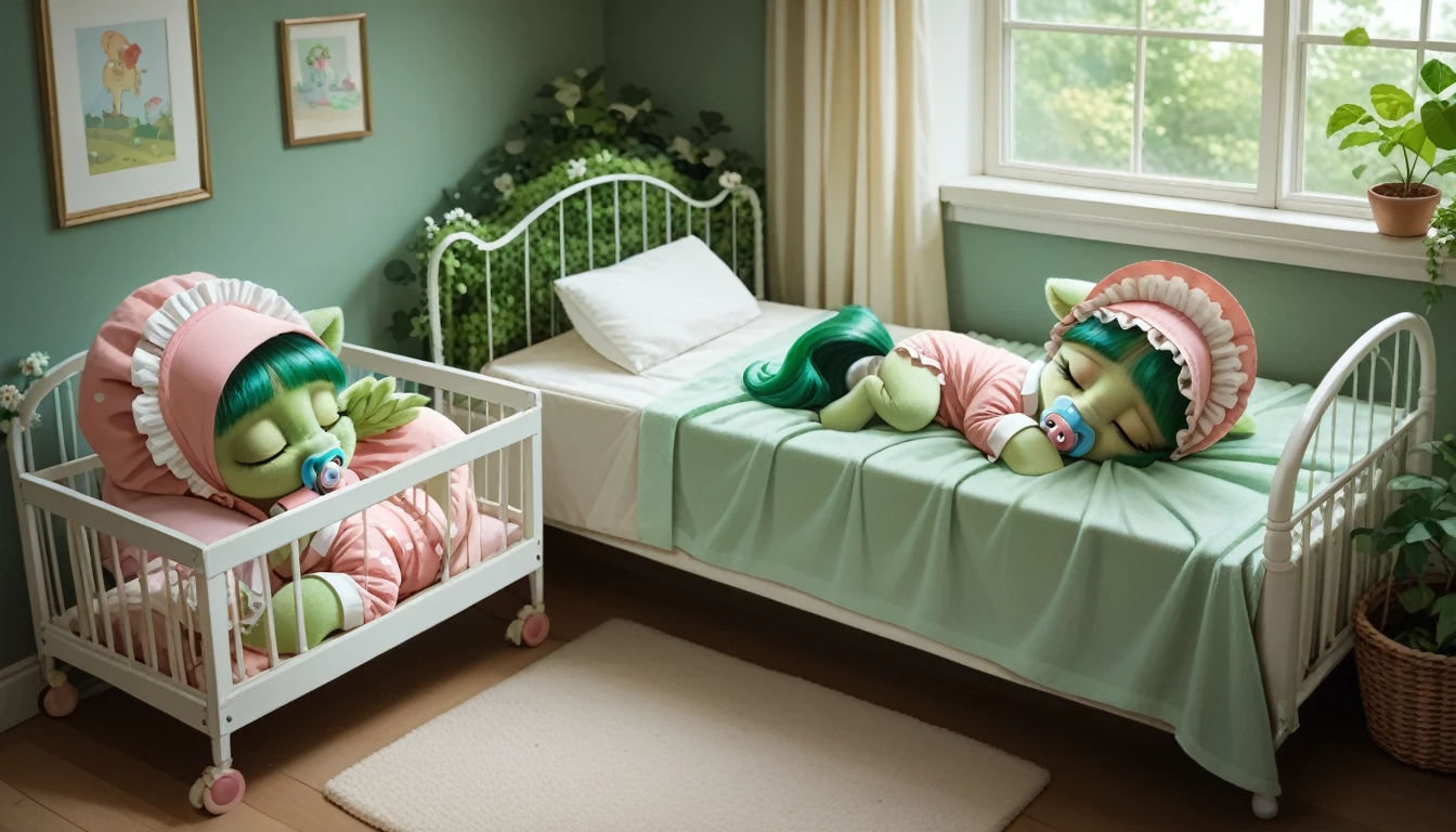 pony, Pegasus, adult filly, emerald green fur, a lush mane, gathered in a bonnet, bushy tail, closed eyes, sleeps in a crib, dressed in pajamas and booties, pacifier in mouth, solo, thick diaper under clothes. 