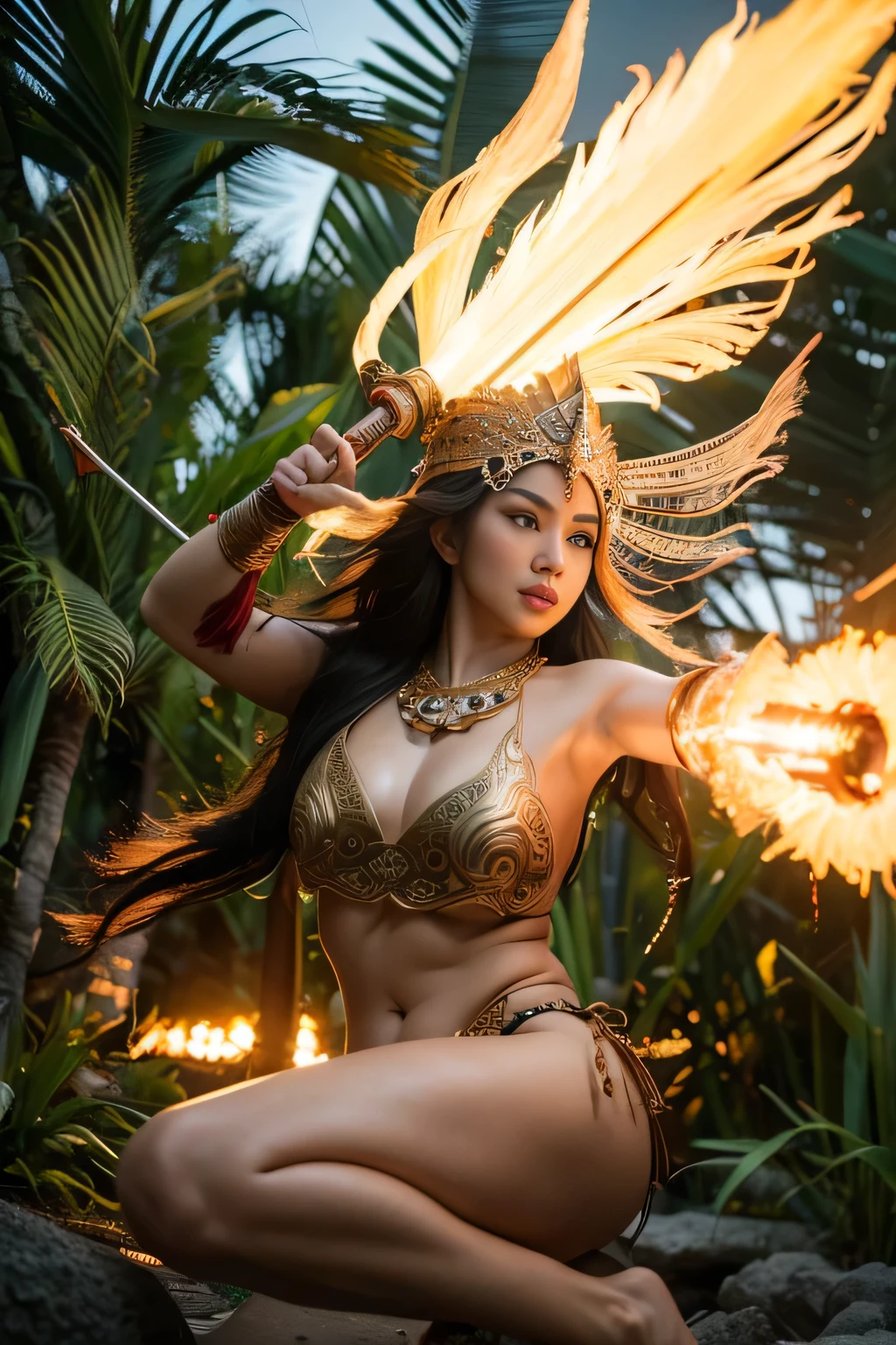 (best quality,4k,8k,highres,masterpiece:1.2),ultra-detailed,realistic,beautiful Indonesian woman warrior,expressive eyes,painted face,detailed warrior attire,intricate headdress,golden jewelry,dazzling sword,speaking power and strength,ancient traditions and culture,passionate and fearless fighter,commanding presence in the battlefield,mythical and mystical elements,rich colors of the Indonesian landscape,dramatic lighting,traditional Indonesian motifs,traditional weapons and armor,tribal markings on the body,graceful movements,warrior surrounded by lush tropical forest and exotic animals,embodying the spirit of the Indonesian warrior legends