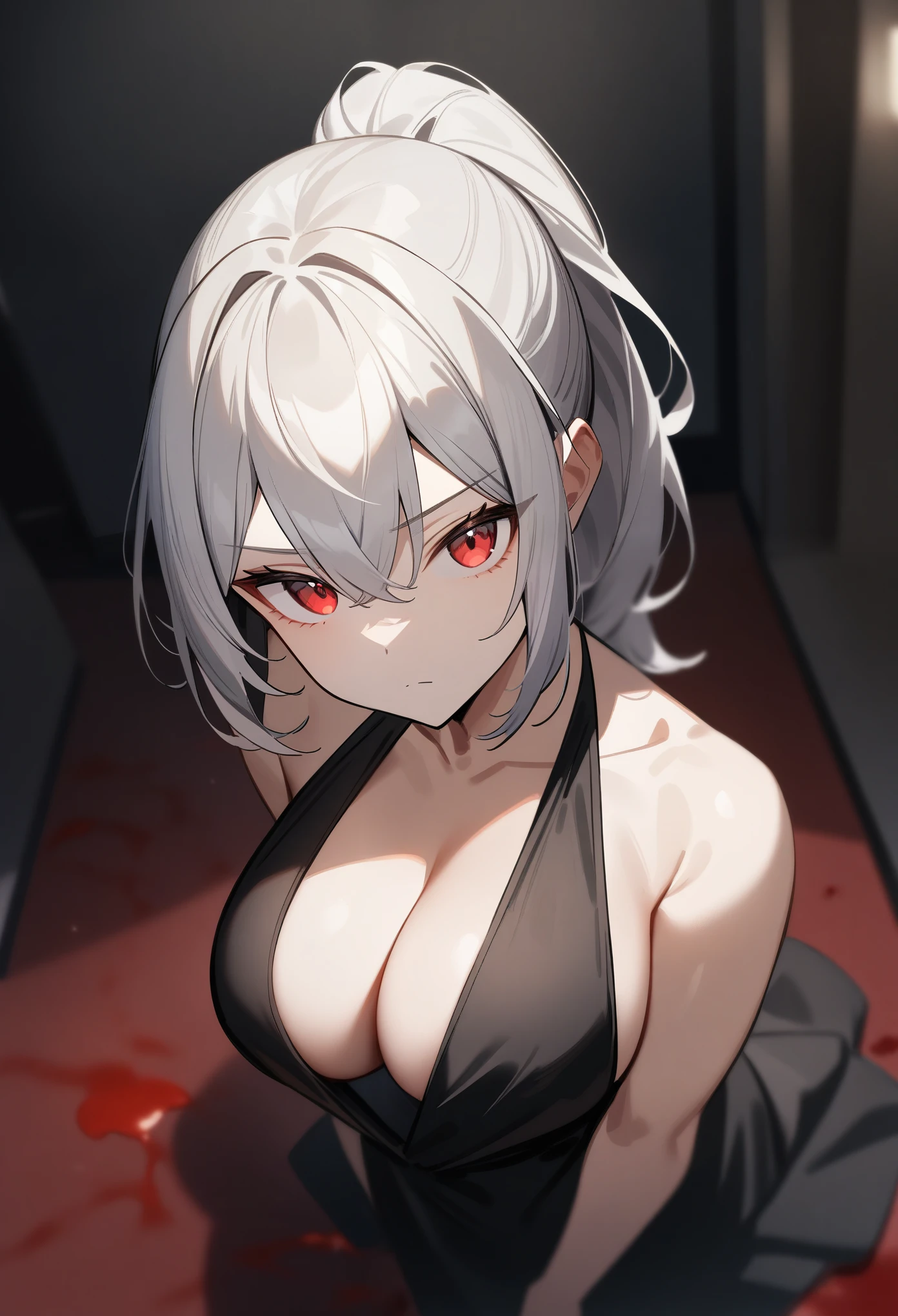 masterpiece, best quality, very aesthetic, absurdres, 1girl, from above, looking at viewer, silver hair, ponytail hair, tsurime, red eyes, large breasts, cleavage, black dress, plunging neckline, expressionless, dim room, blood on the floor, serious