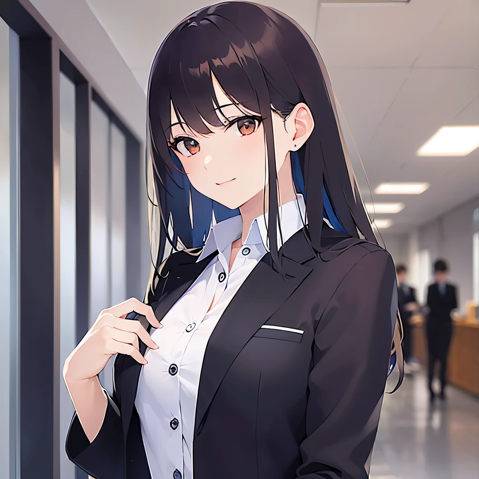 (looking at viewer:1.5)、Upper Body, (hand on own head:1.5)、
Realistic, real person, (pale skin: 1.2), RAW photo, photorealistic, shiny skin, shiny hair、(A 25-year-old woman with medium-length hair and bangs) and (wavy hair) and (brown hair) and (orange eyes) ,
(Wearing a business suit:1.5) and (Wearing a white collared shirt)、
smile, The background is an office hallway、Alone、Are standing、