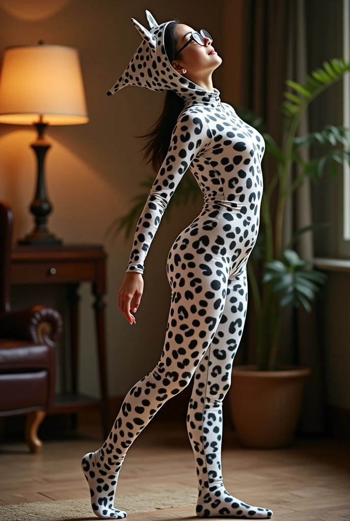 A most beautiful and thin 32 years old chinese contortion girl wearing a glasses wears white leopard Lycra footed turtleneck unitard catsuit covered with seamless black leopard paterns with a leopard tail.She always wear Lycra dancewear hijab-like hood with ears.She has beautiful cheeks on her face.She is take part for contortion performance.She performs contortion in the house.She is my pet animal but looks like a pet animal.