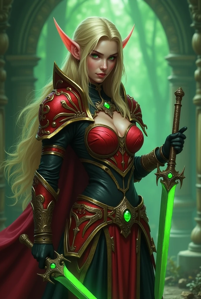 Game theme World of Warcraft Image of a female elf ,beautiful and gorgeous elf age 32 with Blonde hair standing holding two favorite Bright Green Short Daggers one in each hand ,blood elf Assassin Wow, wide hips, narrow waist, gigantic breasts, Long elf ears, glowing green eyes, Red Light female Assassin Armor with emeralds , Red Pauldrons, Red skull Pauldron with emeralds, Gold and Red Chestpiece, Red and black Gauntlets, Black tabard, dramatic tones. A masterpiece with the highest resolution. , Surrealist image type