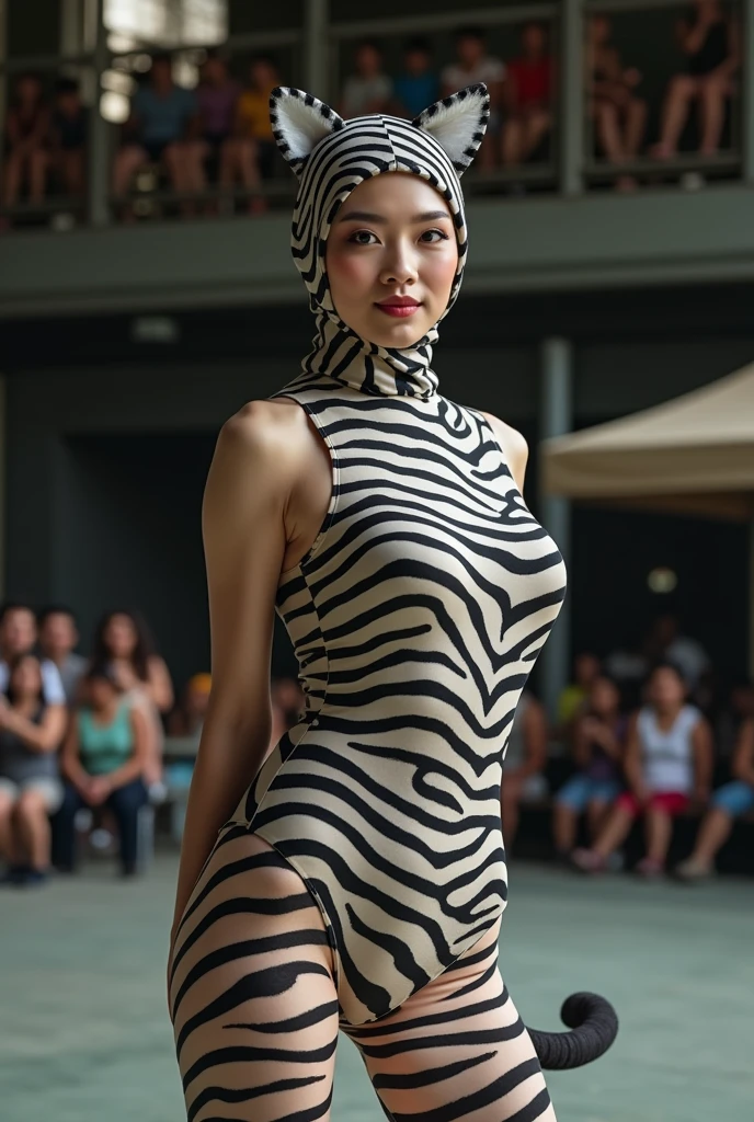 A most beautiful and thin 33 years old chinese actress adult girl wearing a glasses wears striped zebra lycra footed turtleneck unitard catsuit covered with seamless black zebra patterns with a cat tail.She always wear lycra dancewear hijab-like hood with Ears.She has beautiful cheeks on her face.She is take part for Pet exhibition.She performs as contortionist.She looks like a tame animal and wild animal.