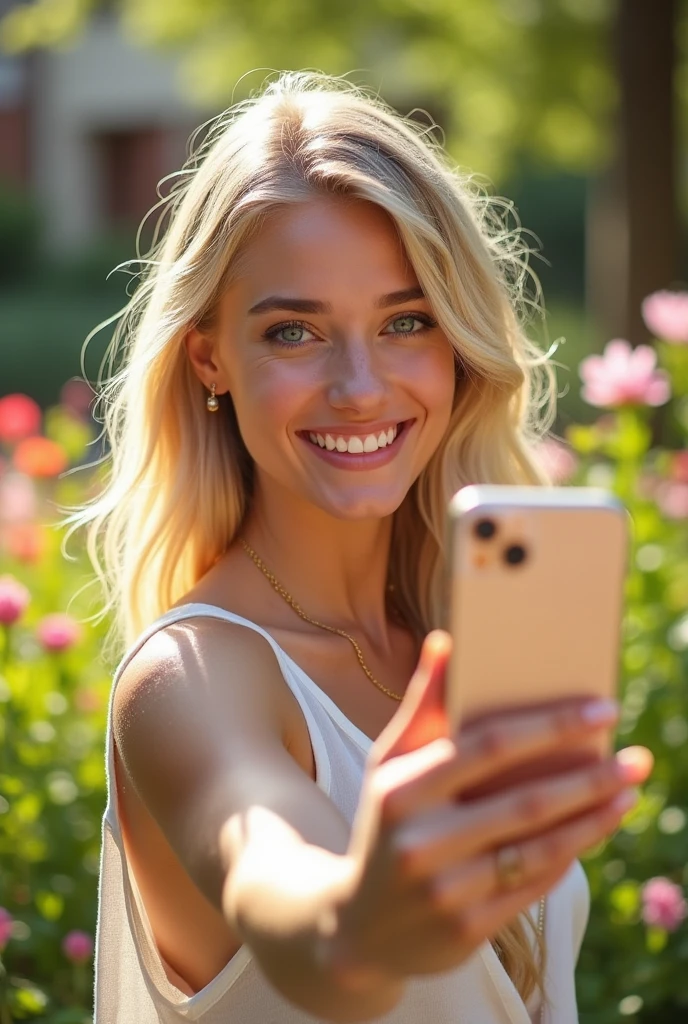 blonde woman selfie in light clothing with blue eyes and iphone