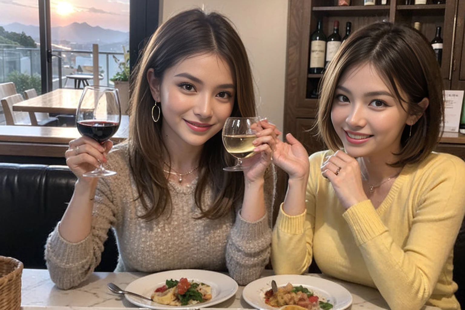(Realistic:1.1),(masterpiece,Highest quality),8k,(49 years old), 53 years old, ベリーslimボディ、slimカップル、Tight waist,Upper Body,full-course dinner、wine 、Amazing view of the sunset sky and clouds、Perfect Anatomy, Brown Hair, short hair,Random Hairstyles,((Highly detailed face and eyes:1.2)),Perfect golden ratio face,Long sleeve shirt、dress,(smile:1.2)、Shortcuts、cute、(Realistic, Intricate details:1.2), A bright smile、short hair,Bright Face、赤wine 、Appetizers、Italian food、wine bottle、Champagne、スパークリングwine、(slimな顔), (The body is slim), (Brown Hair), (Shortcuts), Upper Body, 白wine, slim, wineグラス,