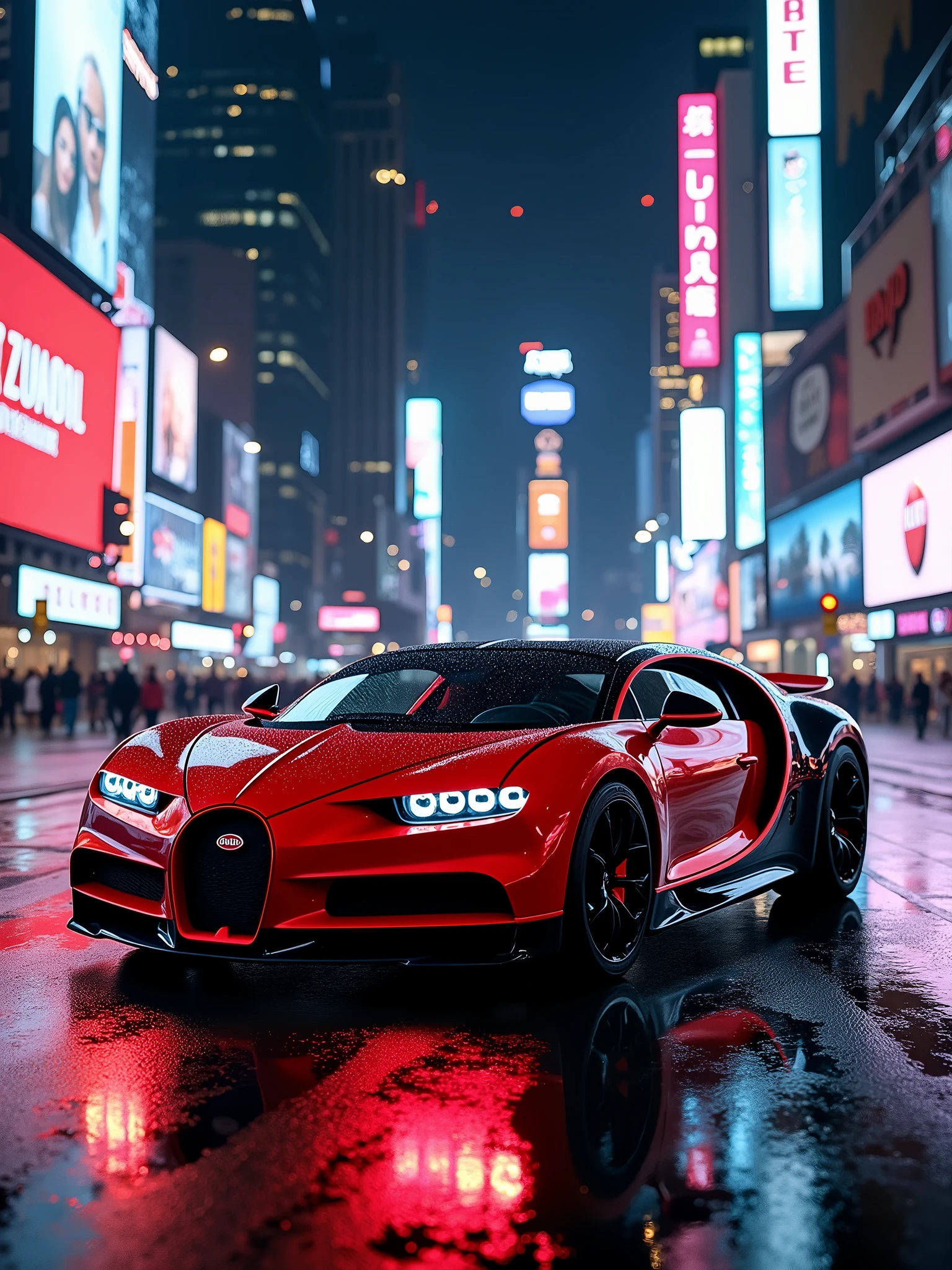 red Bugatti La Voiture Noire, cityscape at night background, cinematic