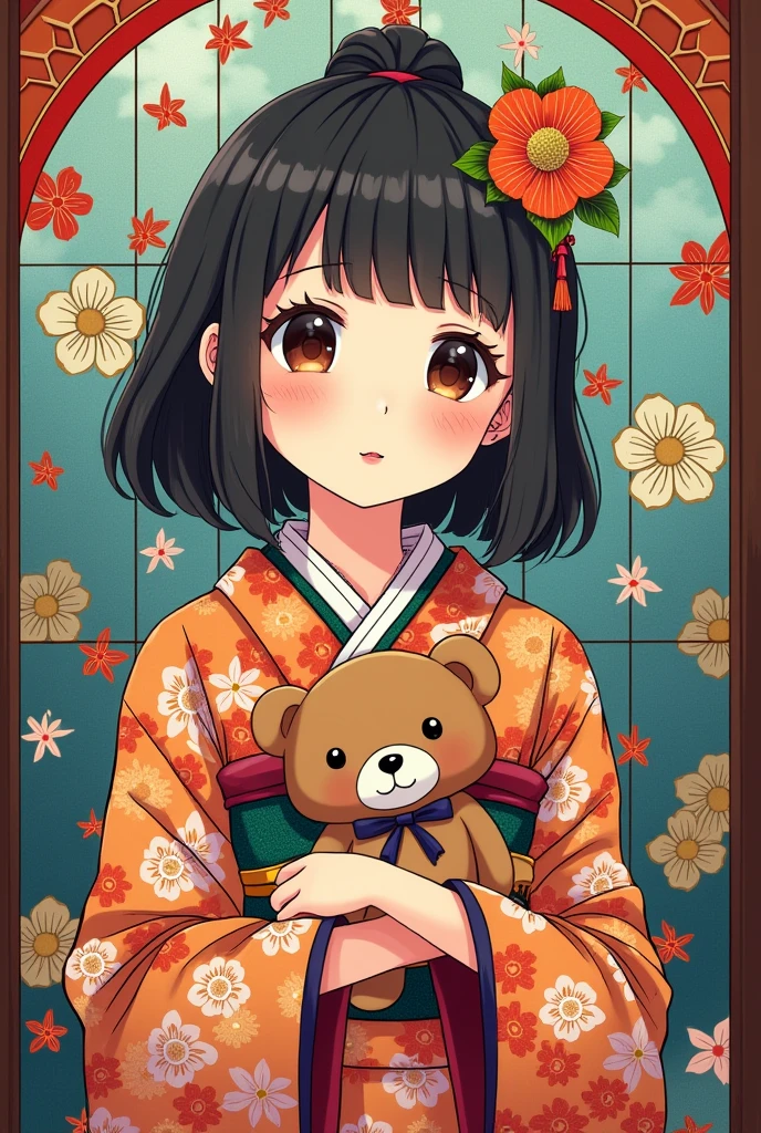 Ukiyo-e, Japanese painting, woodblock print, anime, manga, cartoon, illustration, beautiful girl, wearing open colorful Japanese kimono, wariza, holding cute teddy bear, background stained glass