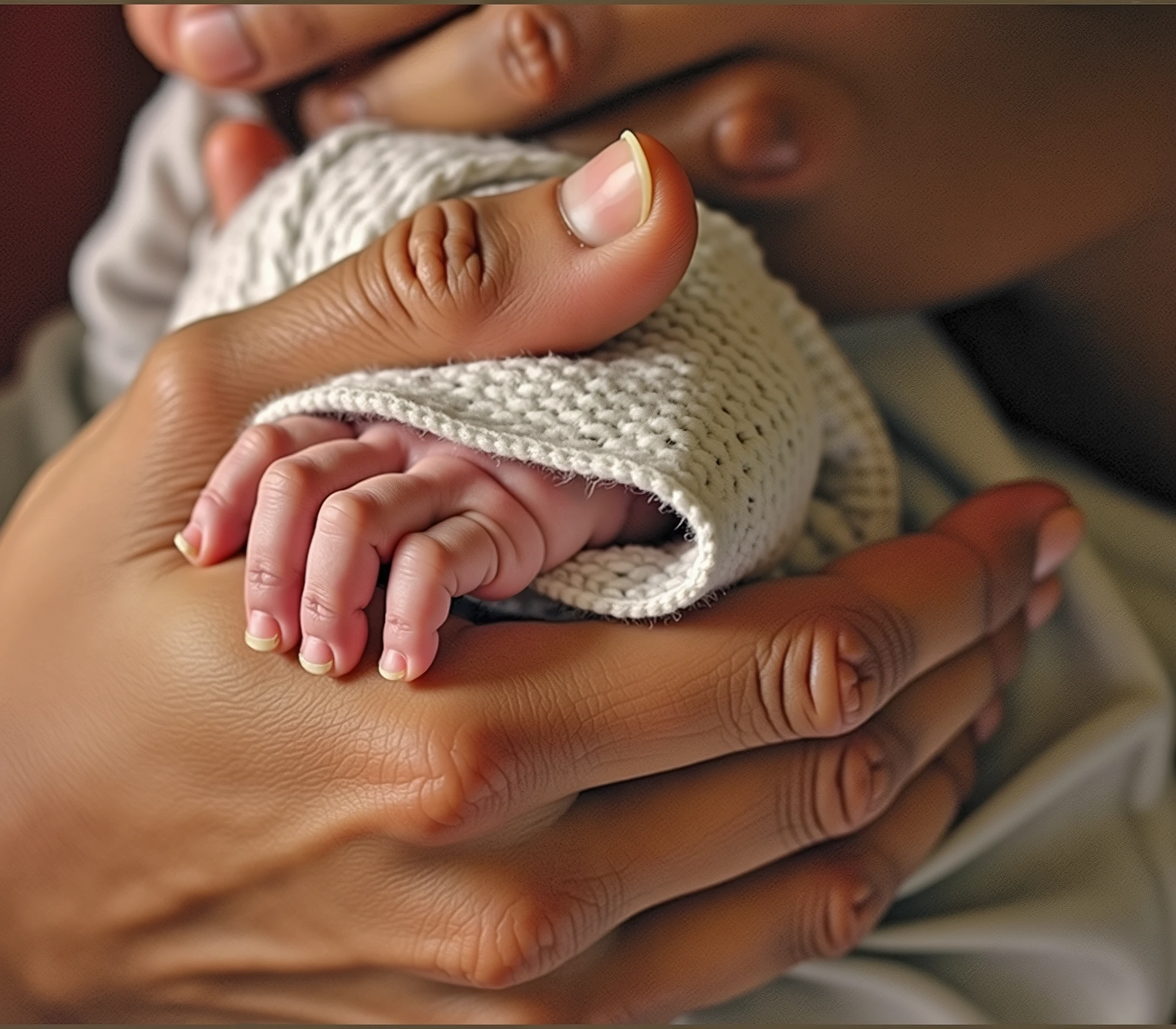 (((masterpiece))), (((Highest quality))), ((Very detailed)), (photograph), emotive (photo:1.2) of father's hand holding his newborn-baby's hand. [Entire scene is surrounded by mist, evoking a mysterious and eerie atmosphere. The lighting is dark and atmospheric, with smoke and fog adding a touch of sinister ambiance. Best quality image, HDR enhancement, showcasing the utmost level of detail and realism]. [8K, Best Quality, Ultra High Resolution, (highly detailed CG unity 8k wallpaper), (best photo), (best shadows), isometric 3D, octane rendering, ray tracing, highly detailed, (Best quality, 4K, 8k:1.2), absurdity, ultra detailed, (realistic, photorealistic, photorealistic:1.37), complex parts, HDR, (complex parts:1.12), (hyper detailed, hyper realistic, Soft lighting, spicy:1.2), (complex parts, Hyper detailed:1.15). Blurred foreground. (backlit), masterpiece, high quality, brightness, chromatic aberration, foggy smoke, shadows, contrast, (warm hue, warm tone), high details, natural reflections].