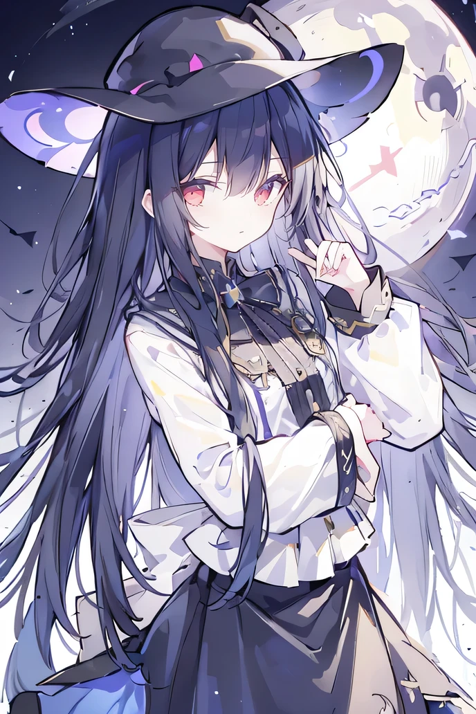 oung Girls,Humanity,A magician always smiles,big witch hat,cute,dark blue long hair,The eyes are dull,The bangs are heavy,Thin eyebrows,fantasy,intake,Double teeth,Star Theme,Constellation pattern,Solid color clothetal decoration,cloak,A bit of a dark atmosphere,A little crazy smile,When the big moon shines outside at night,blood,Hair black star embellishment,Short tie,No nails,High waist skirt,Bell sleeves,Long-sleeved shirt,Black tie,low risk,gentlemen。Mist、Yellow and white effect，Shocking pink as an accent color