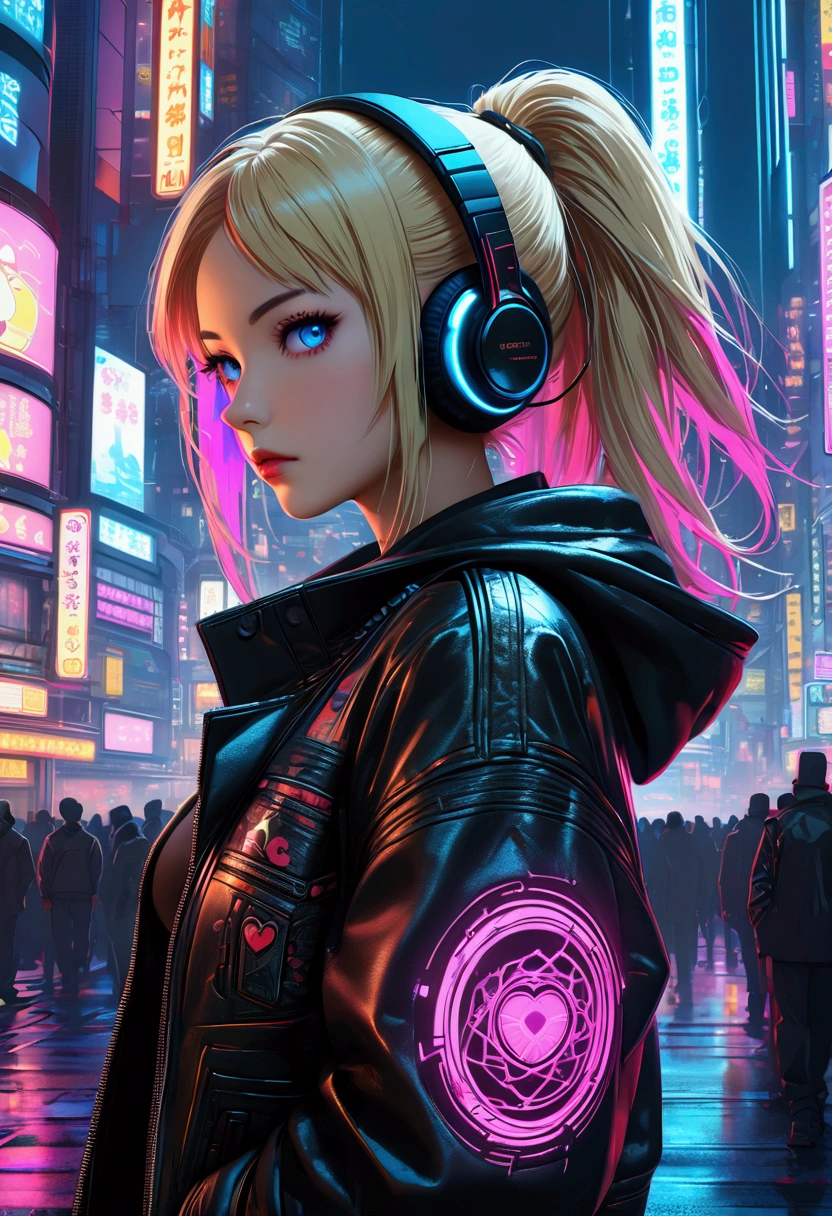 score_9, score_8_upper, score_7_upper,cyber punkの街に立つ金髪の女性,Looking into the camera(((Highest quality))),(((Super detailed))),(((masterpiece))),shape,Attention to detail,超High resolution,Maximum detailed display,Hyper Detail,Clear detailed,Great quality,Super detailed,High resolution,16K,detailed,Most authentic,Shiny solid color,(((cyber punk))),Outdoor,Neon night view,Shinjuku,(Surreal),((masterpiece, Highest quality, Extremely detailed CG, unity 8k wallpaper, Cinema Lighting, )),Attention to detail, Blonde long hair, Wearing a black leather jacket,Wearing black jeans,A heart tattoo under the left eye.., Seducing the viewer with captivating eyes, Beautiful Art Ultra HD 8K, 8K highly detailed digital art,cyber punk,{{{Neon night view}}},A very complicated background,Shinjuku,headphone,Cyber Gadget