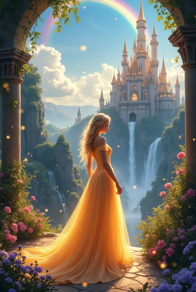 magic princess castle, fantasy kindle, luminous light, colors of the rainbow, sparkles everywhere