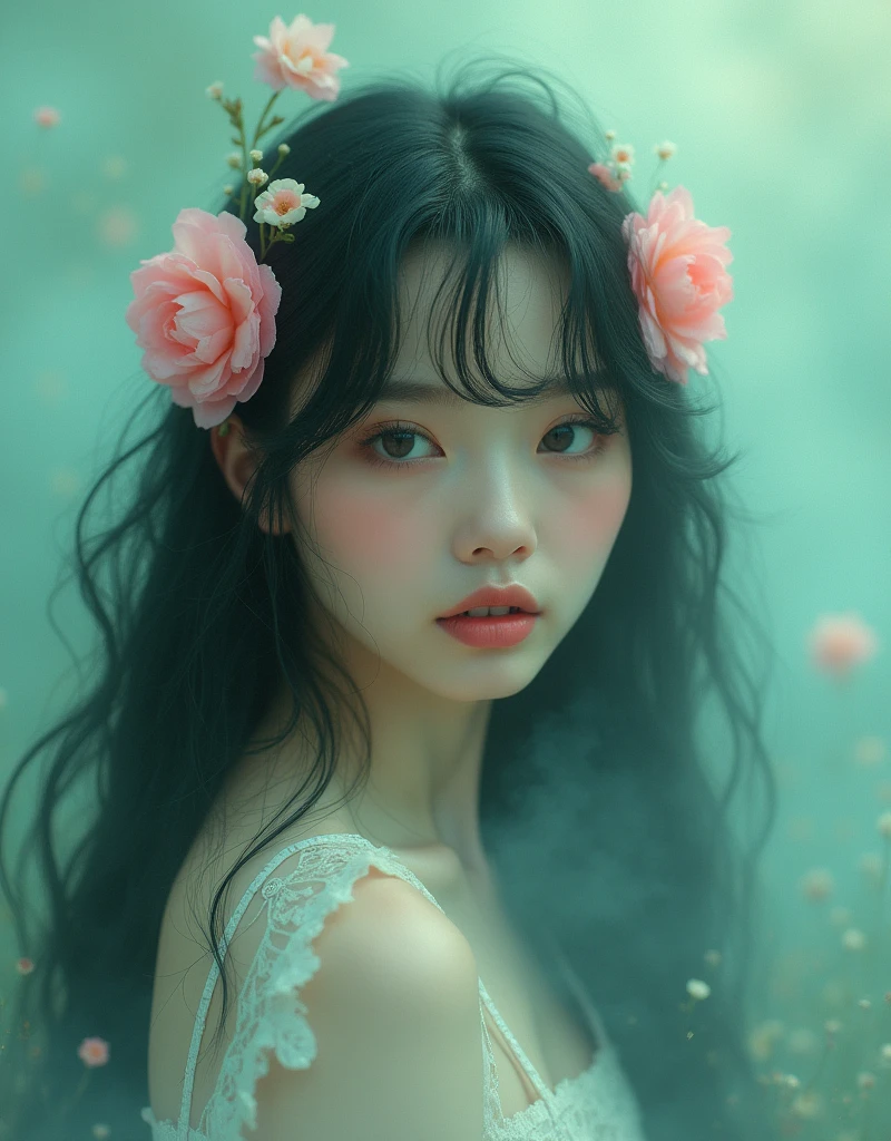 A woman with long black hair with pink flowers on her face and hair, with mist partially covering her face, in the style of michael vincent manalo, light green and cyan, cute and dreamy, made of mist, pop inspo, hyperrealism, vintage aesthetics, dark yellow and light cyan