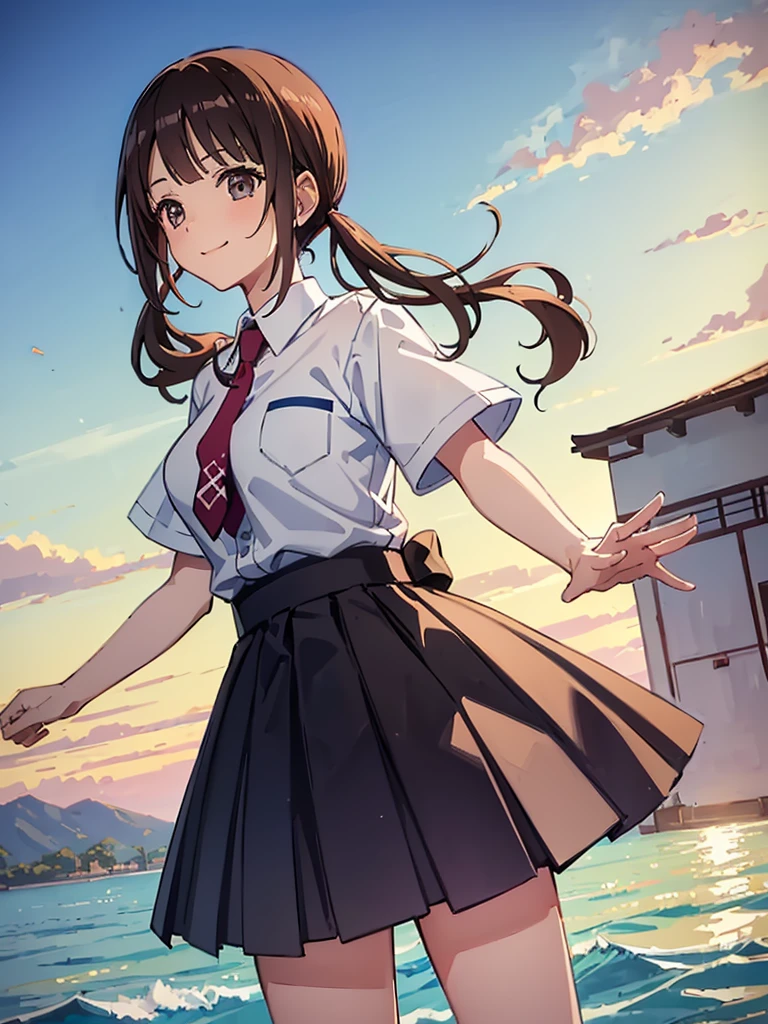 ((Highest quality,masterpiece)),(16K,Ultra-high resolution,Super detailed)1girl, 独奏,Okitasawa opens his mouth and smiles happily., Low twintails that reach down to the shoulders,white shirt, short sleeves, red necktie, blue skirt,The Japanese summer coast in the evening,Highly detailed facial features, Beautiful and perfect face, Perfect Eyes,walking on water,Splashing water effects,A clear, beautiful sea,A vibrant sunset,Anatomically correct body,Perfect lighting,Perfect Shadow,Staring at the audience,looking at the camera