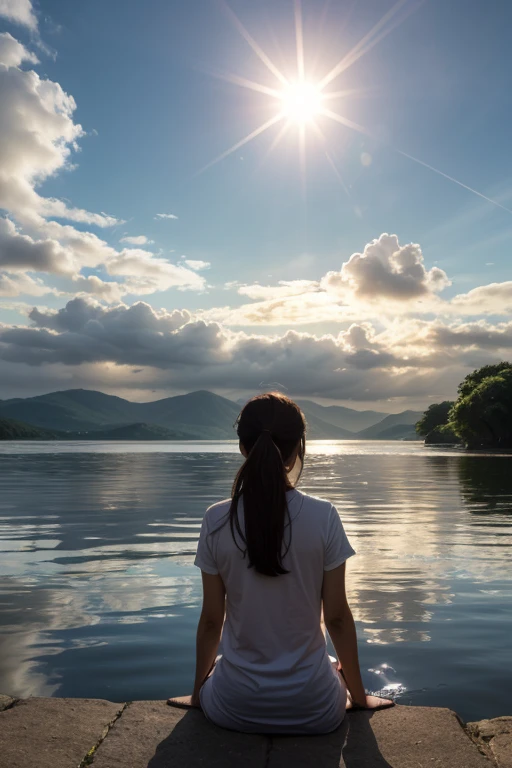sfw, 1 girl, just concentrate, throw, very wide shot, landscape, East Asian architecture, Sun Ray, sunrise, floating, cloud, sky, rain, water, whole body, on open air, landscape, depth of field