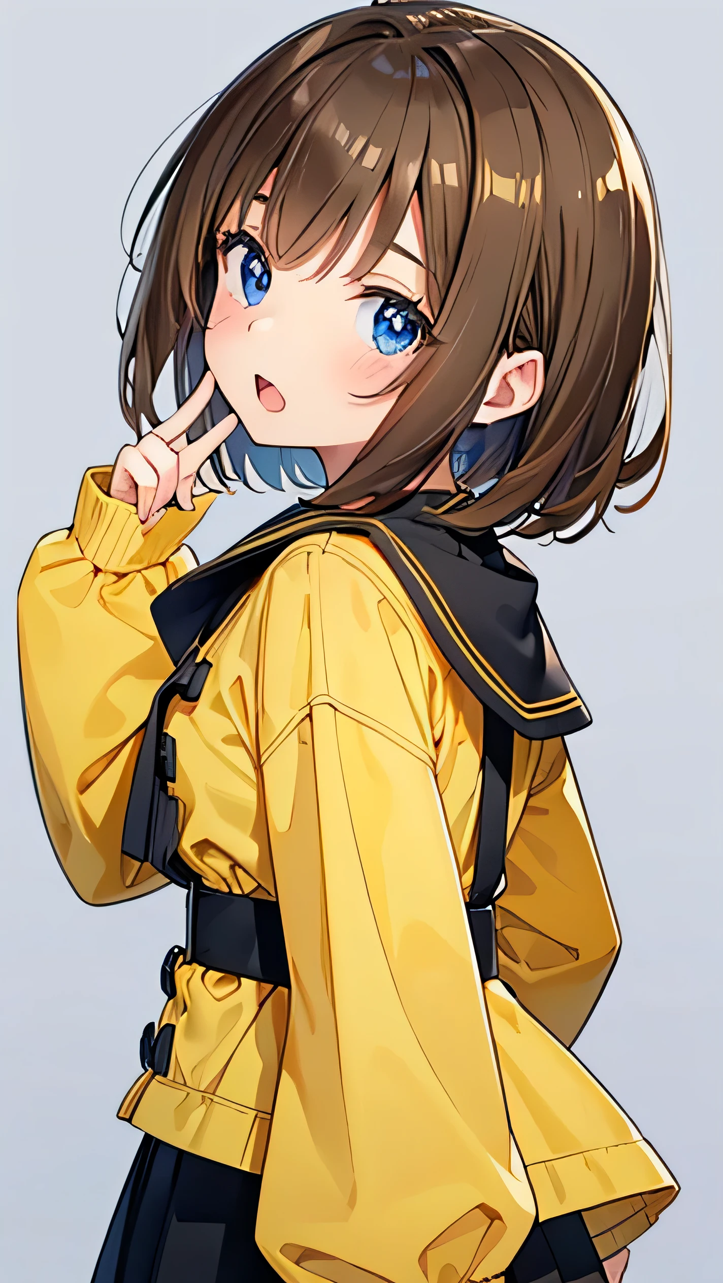 Thick coating, young, Pretty Woman, brown hair, Short hair,Pikachu's ears, yellow clothes, poncho,  black skirt underneath, blue eyes,facing forward,YouTuber,girl,whole body,upright,arm at the side,Looking at the front,simple background,girl 1명,open your mouth,blue eyes,laugh,virtual youtuber