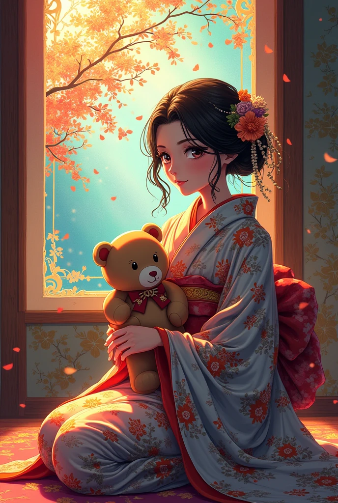 Ukiyo-e, Japanese painting, woodblock print, anime, manga, cartoon, illustration, beautiful woman, wearing open colorful Japanese kimono, wariza, holding cute teddy bear, background stained glass