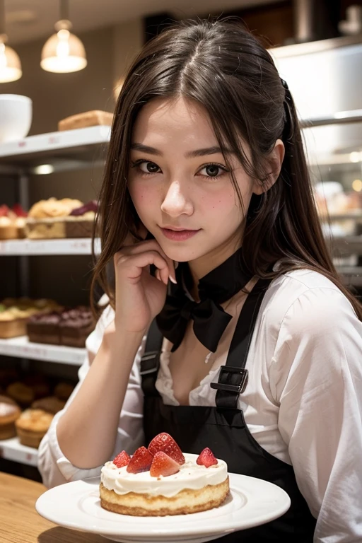 advertising photo, this is a cafe, 1 girl, 16-year-old face, Waitress carries cake to the table, red two tails, gentle face, a Gothic ****ta half-costume and a maid costume depicting strawberries, Clothes based on white color,