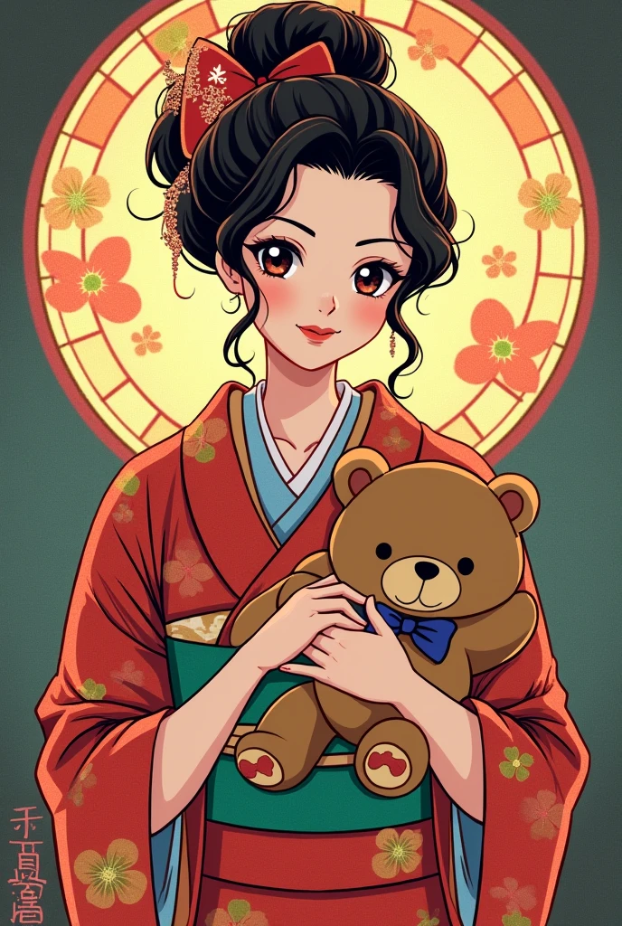 Ukiyo-e, Japanese painting, woodblock print, anime, manga, cartoon, illustration, beautiful woman, wearing open colorful Japanese kimono, wariza, holding cute teddy bear, background stained glass