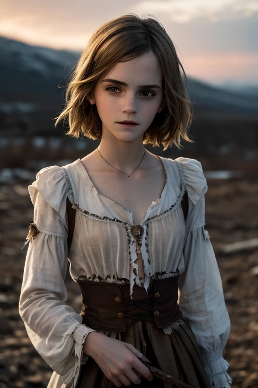 Emma Watson, ​masterpiece, ultra detailed, 8K, Raw photo, Realistic light, Cinematic composition, Realistic face, Realistic skin, (woman from Ukraine), (torn and dirty traditional clothes), cute sexy, pleasure, perfect anatomy, war, cinematic, medieval village, nightfall