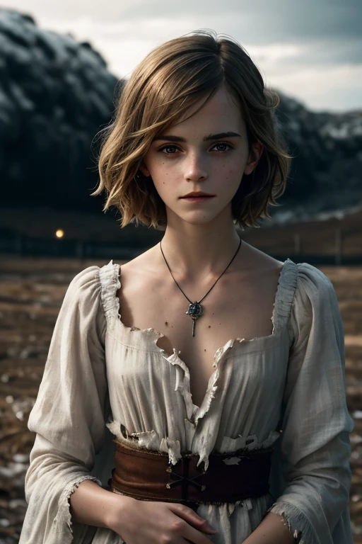Emma Watson, ​masterpiece, ultra detailed, 8K, Raw photo, Realistic light, Cinematic composition, Realistic face, Realistic skin, (woman from Ukraine), (torn and dirty traditional clothes), cute sexy, pleasure, perfect anatomy, war, cinematic, medieval village, nightfall