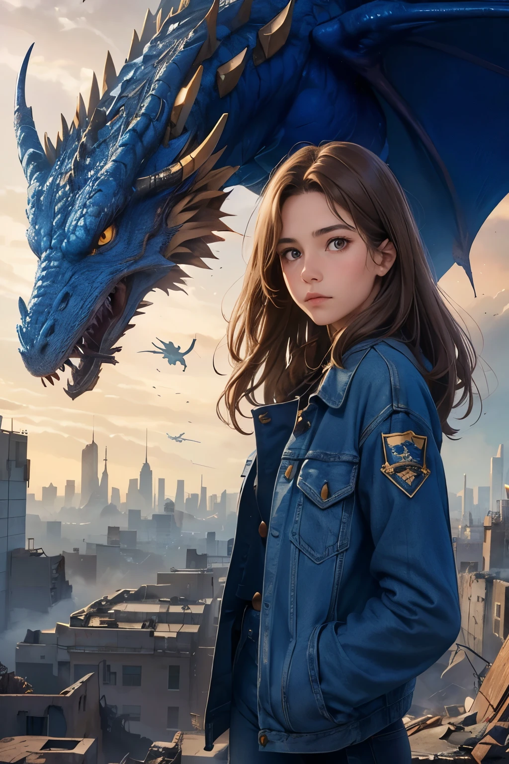 A beautiful woman. Light brown hair. she is eighteen years old. She is looking at the camera with a defiant expression. Upper body close-up image. She wears blue jeans as a jacket. In the space behind the woman is a destroyed city, and a gigantic dragon dancing above the city.