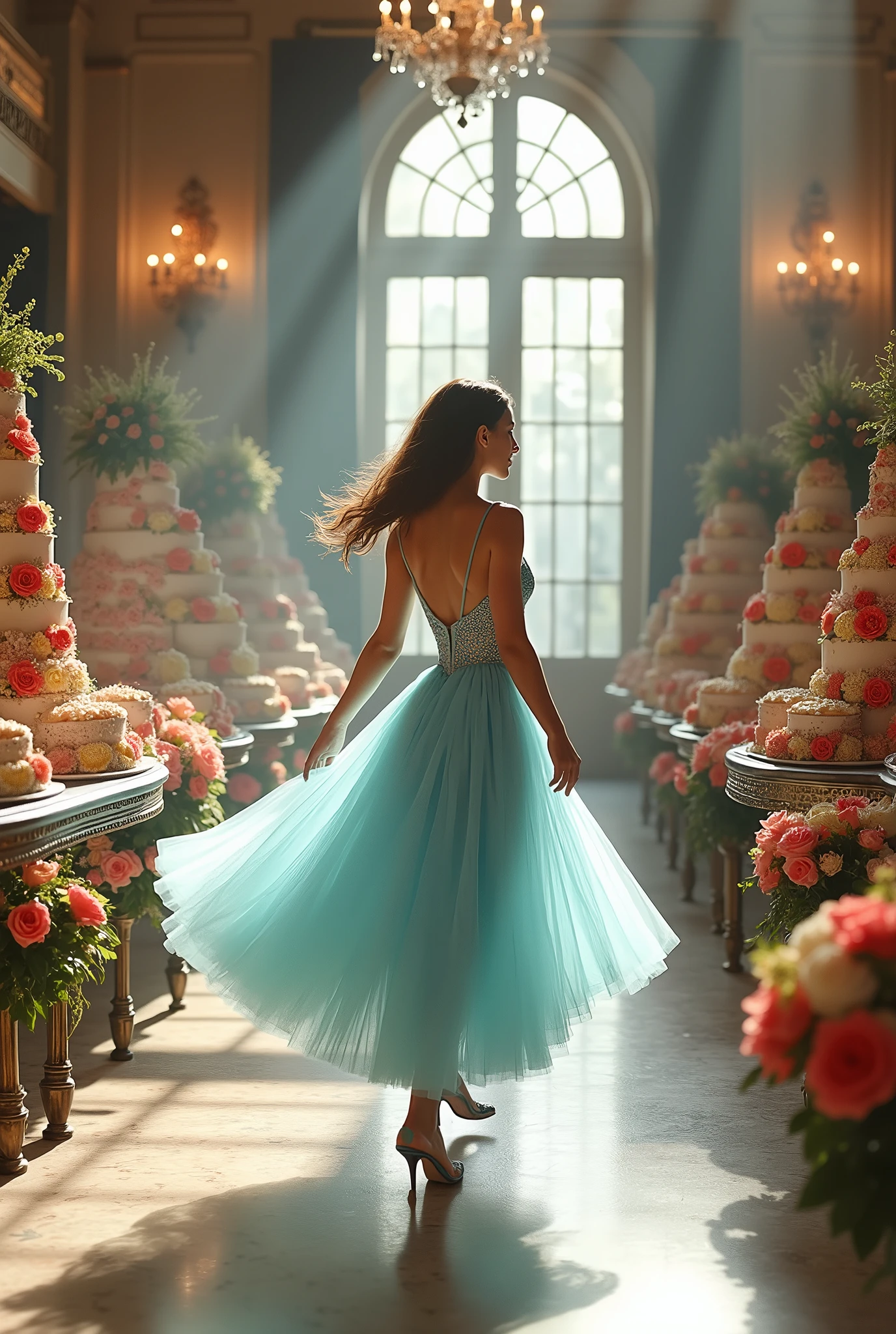 Beautiful women in light blue dress with tulle in a hall of a Votoriano palace surrounded by colorful decorated cakes and flowers